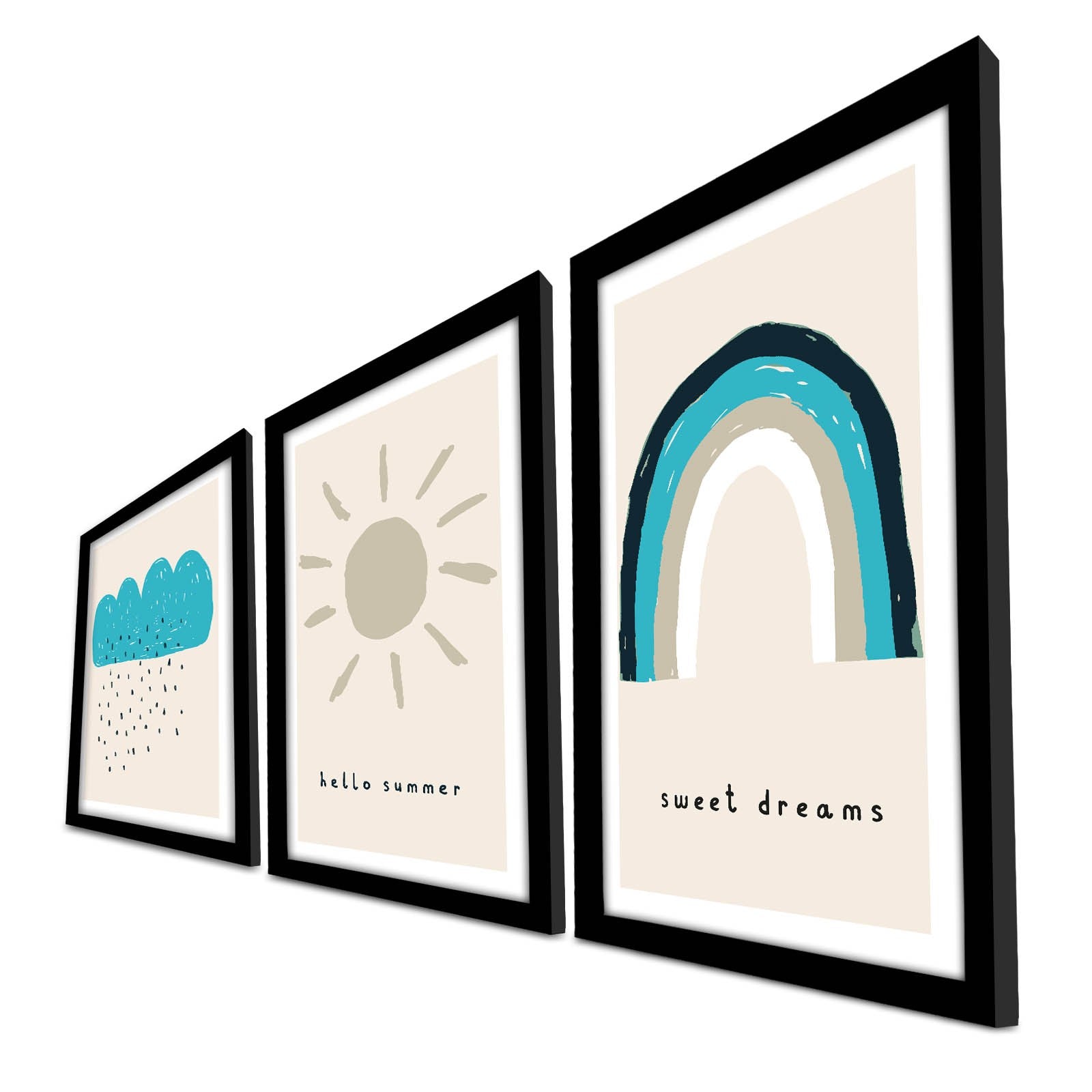 Conjunto de 3 Quadros Decorativos MDF com Moldura - Tons de Azul 53x118cm