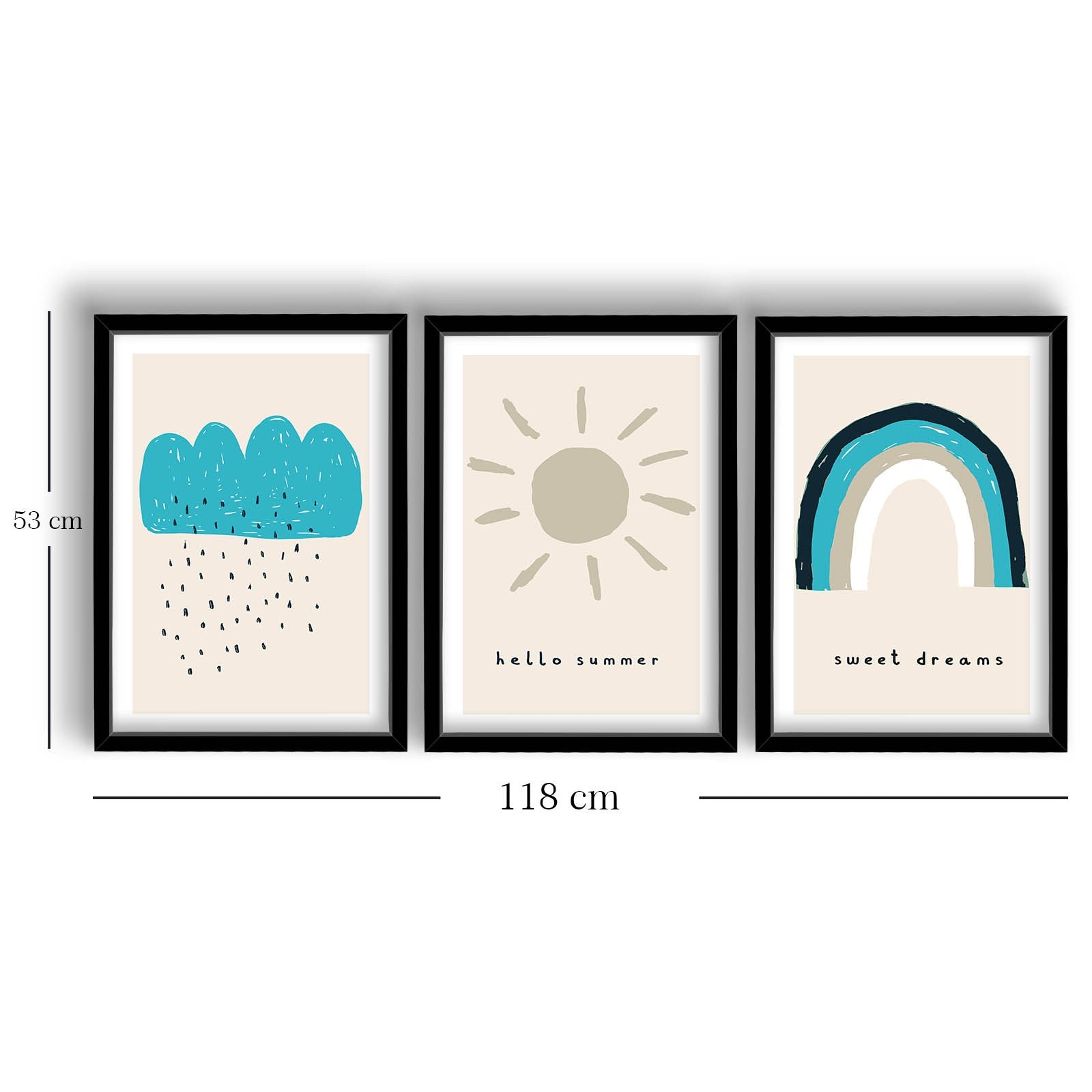 Conjunto de 3 Quadros Decorativos MDF com Moldura - Tons de Azul 53x118cm