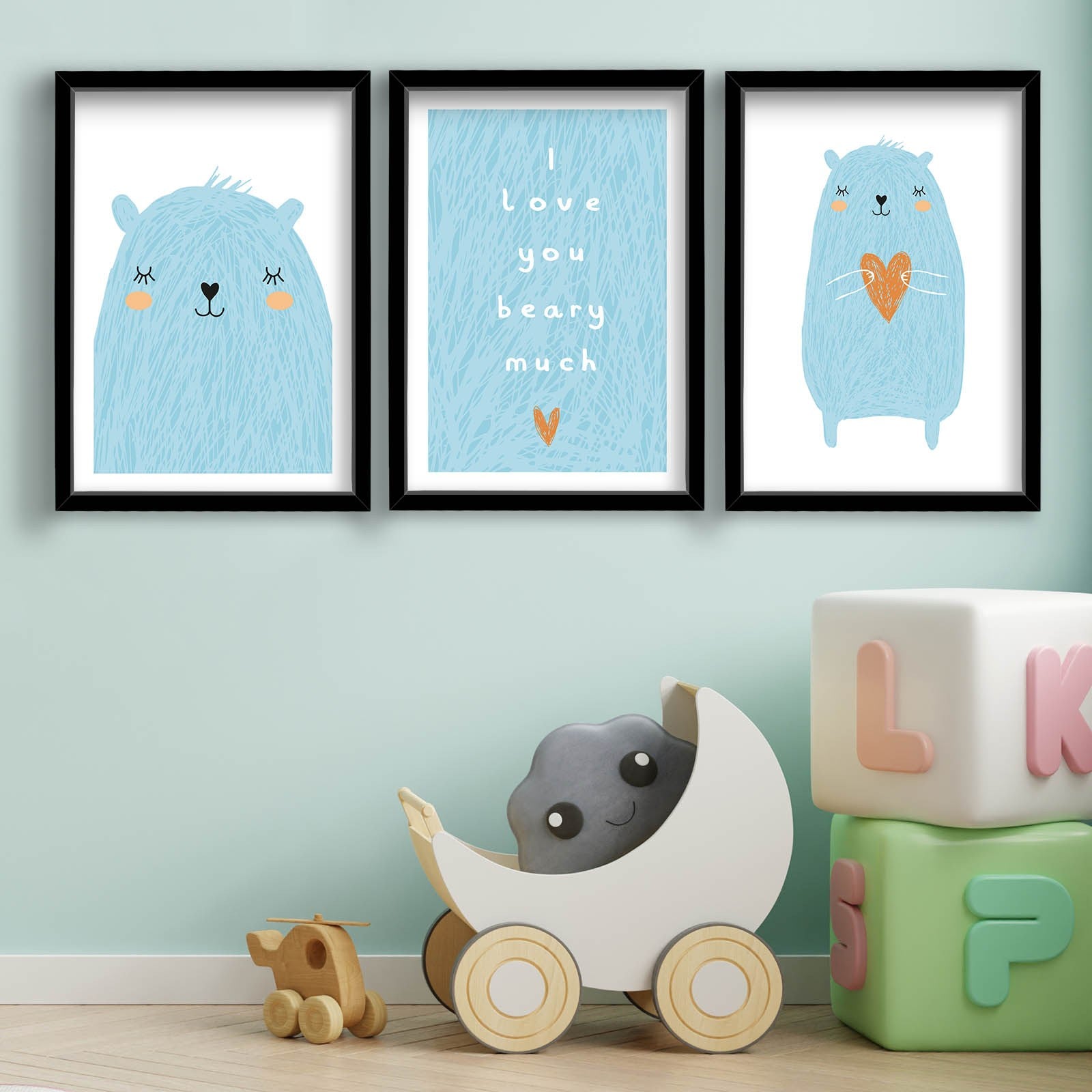 Conjunto de 3 Quadros Decorativos MDF com Moldura - Azul e Branco 53x118cm