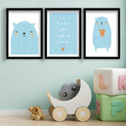 Conjunto de 3 Quadros Decorativos MDF com Moldura - Azul e Branco 53x118cm