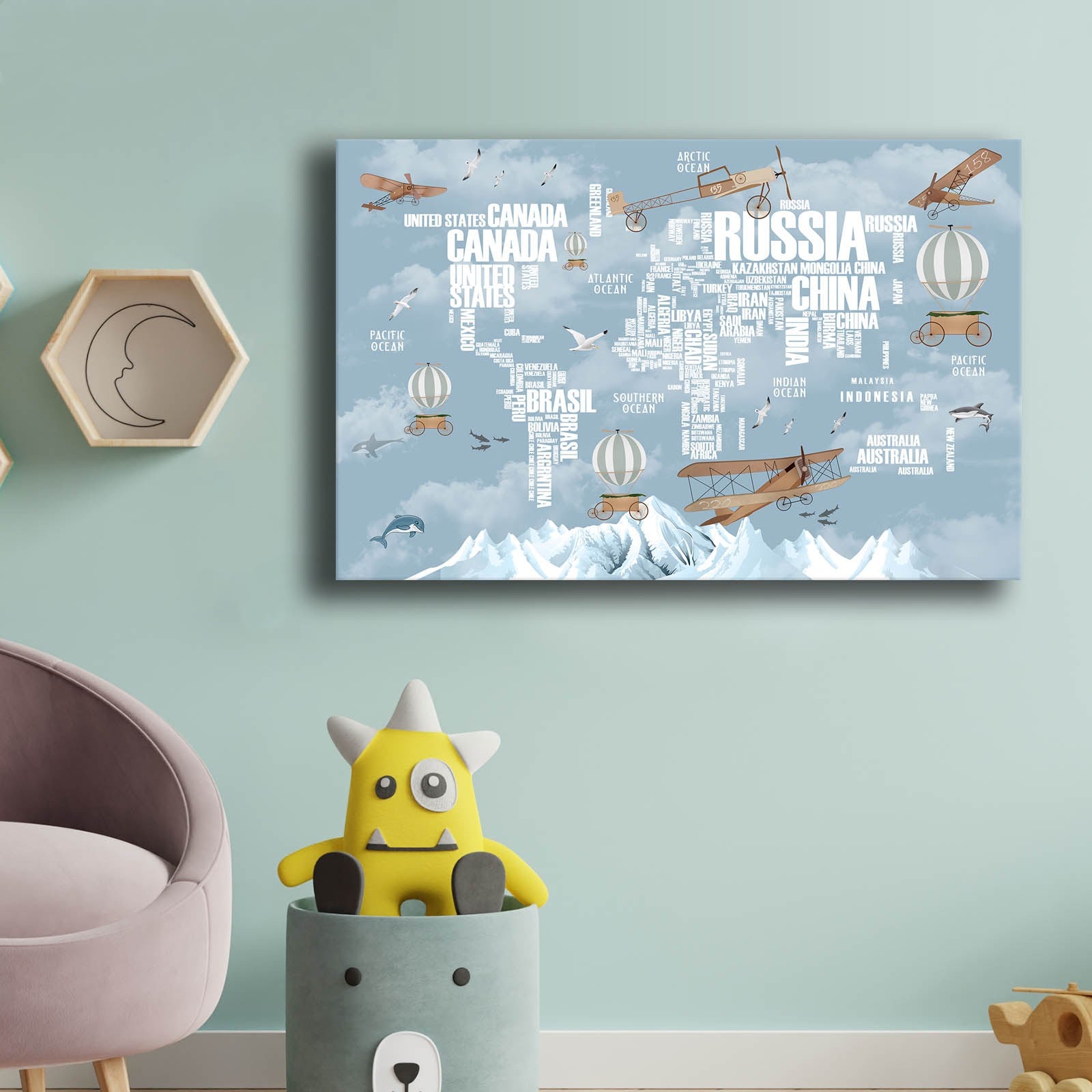 Quadro Decorativo em Tela Azul e Branco com Moldura de Pinho - 45x70cm Canvas 100%