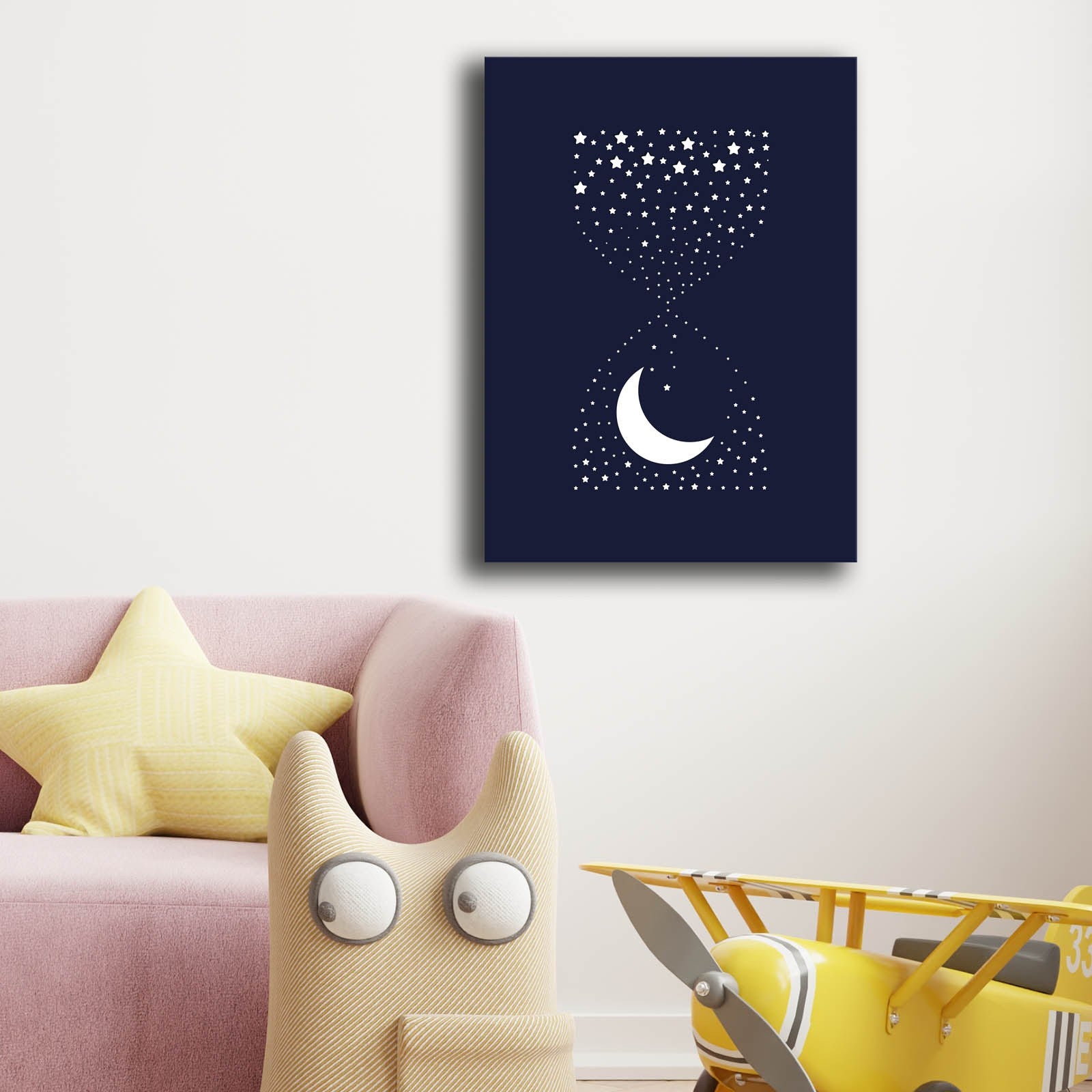 Quadro Decorativo em Tela - Azul Marinho e Branco com Moldura de Pinho 28x38cm