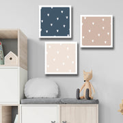 Conjunto de 3 Telas Decorativas em Canvas - Azul Marinho, Creme e Branco com Moldura de Pinho 28x90cm