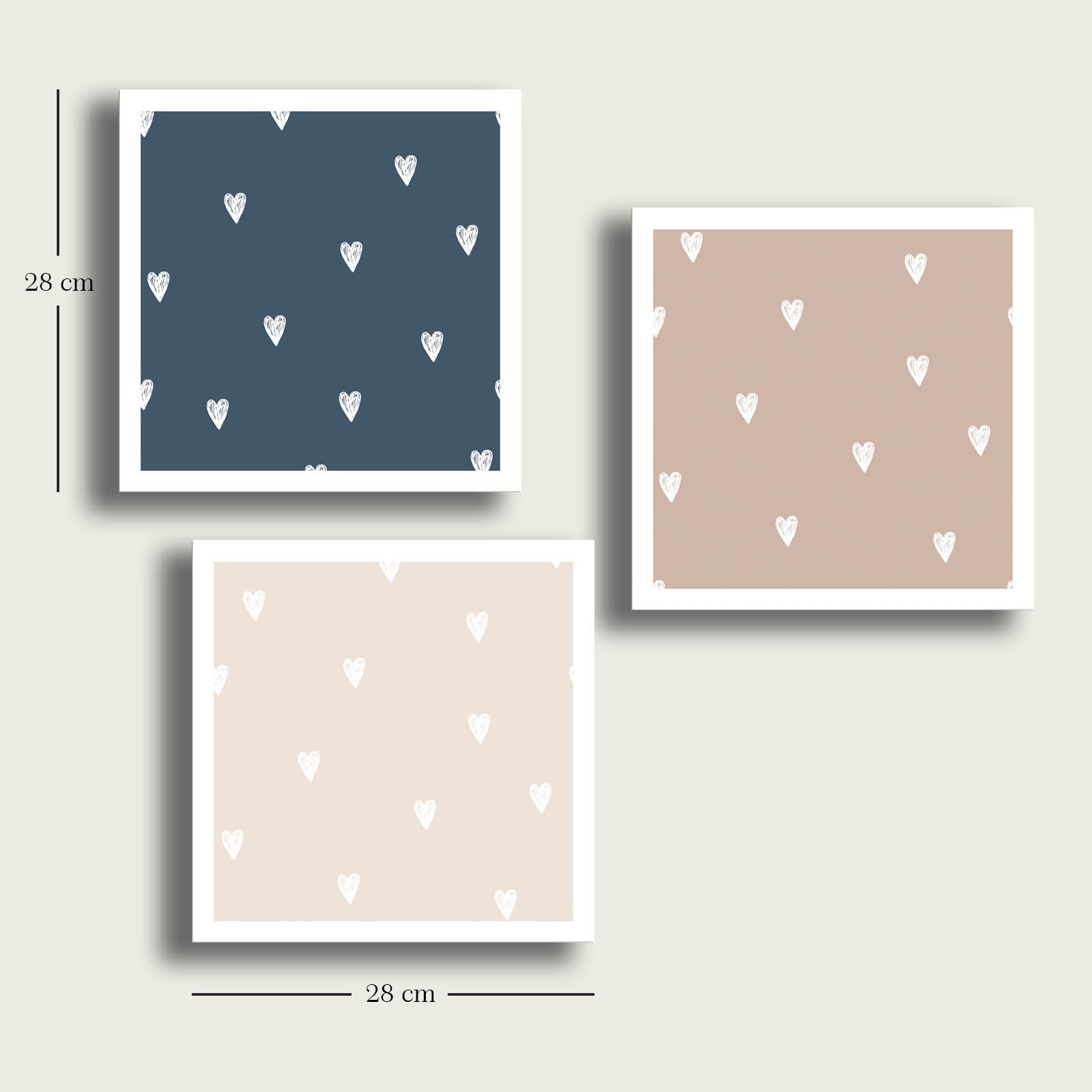 Conjunto de 3 Telas Decorativas em Canvas - Azul Marinho, Creme e Branco com Moldura de Pinho 28x90cm