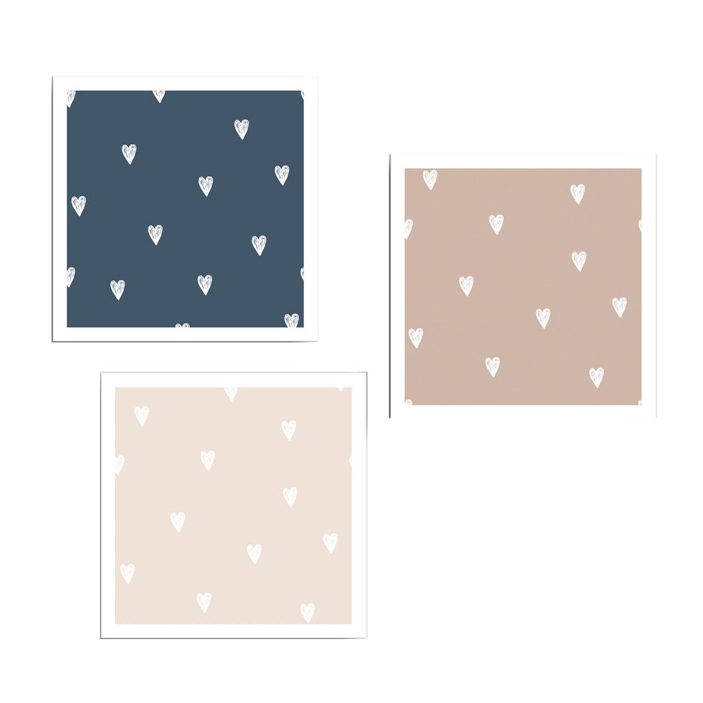 Conjunto de 3 Telas Decorativas em Canvas - Azul Marinho, Creme e Branco com Moldura de Pinho 28x90cm