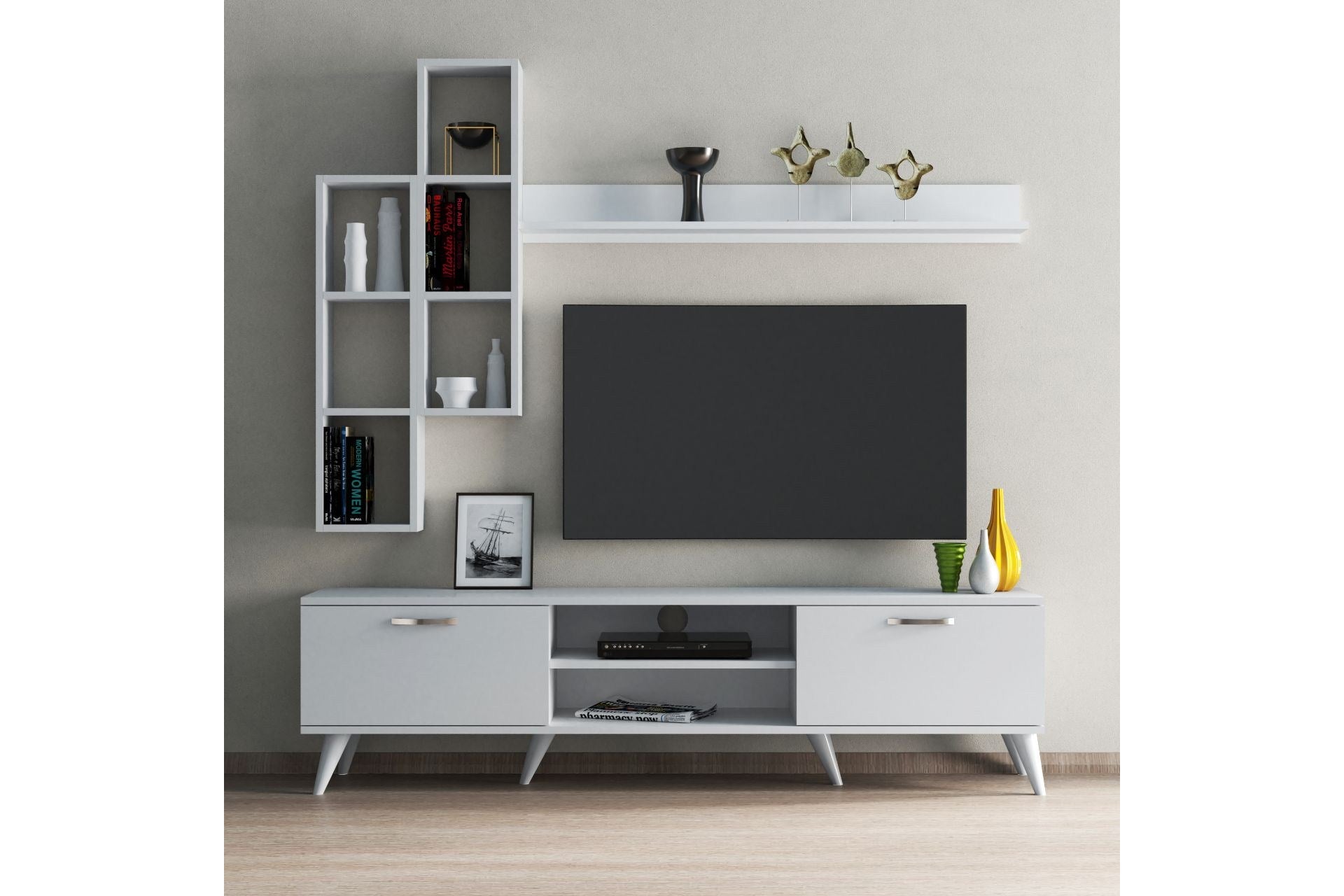 Conjunto TV Branco 180cm com Prateleira de Parede e 2 Armários - Melamina 18mm