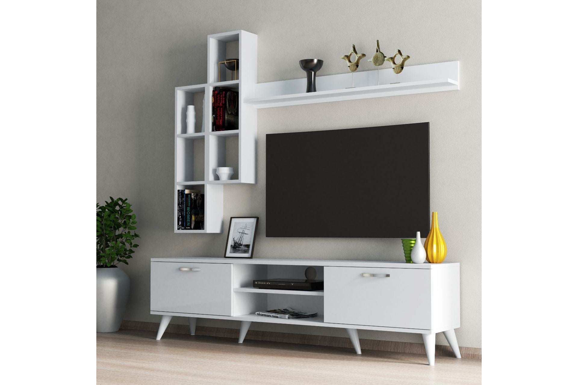 Conjunto TV Branco 180cm com Prateleira de Parede e 2 Armários - Melamina 18mm