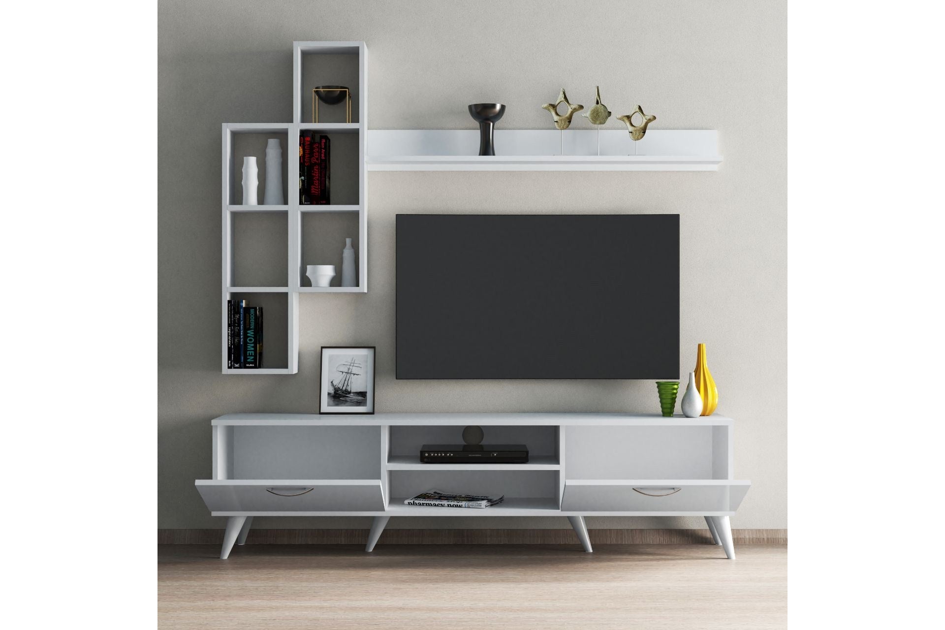 Conjunto TV Branco 180cm com Prateleira de Parede e 2 Armários - Melamina 18mm