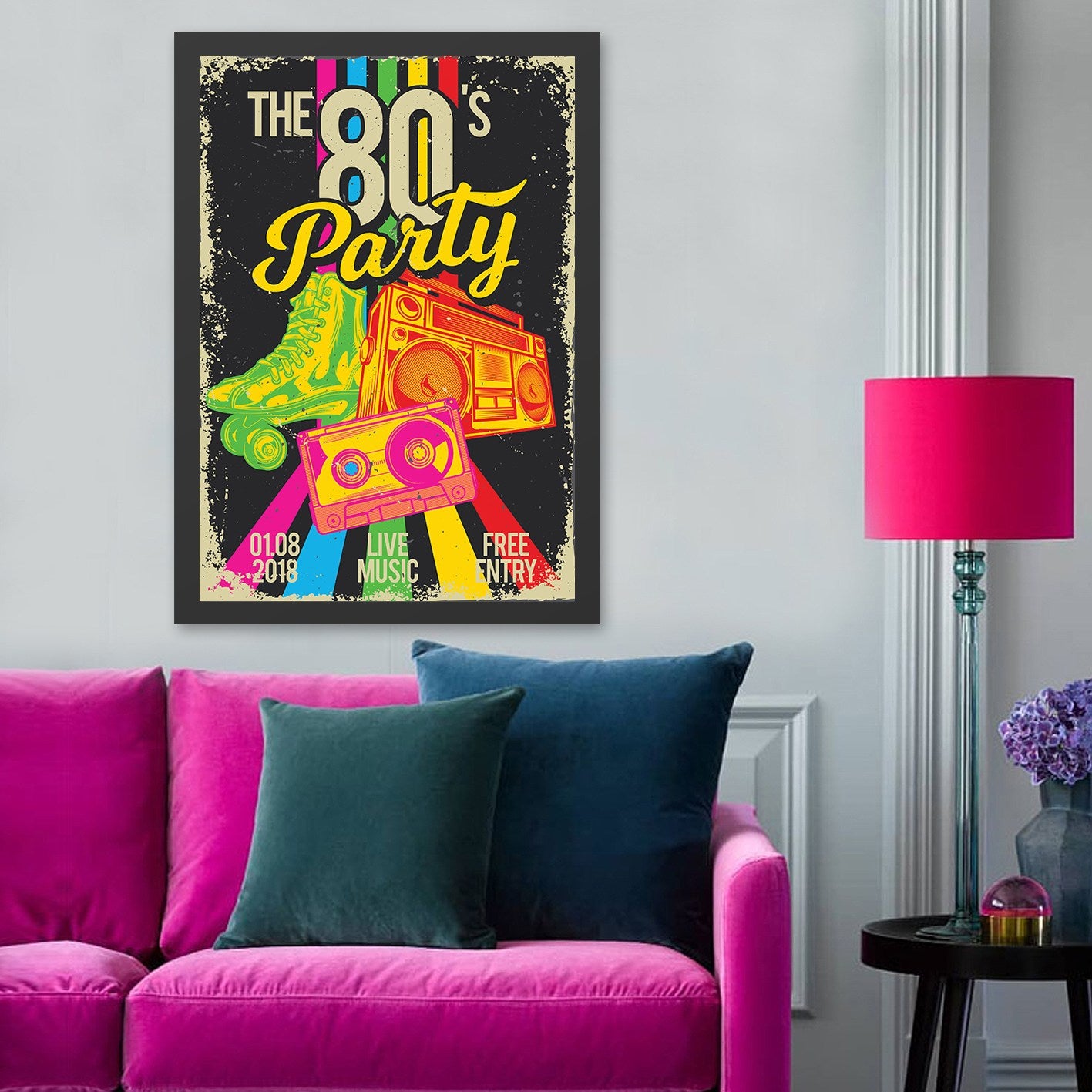 Quadro Decorativo em MDF com Moldura “The 80’s Party” 35 x 45 cm – Multicolor, Impressão Digital UV, Pronto a Pendurar