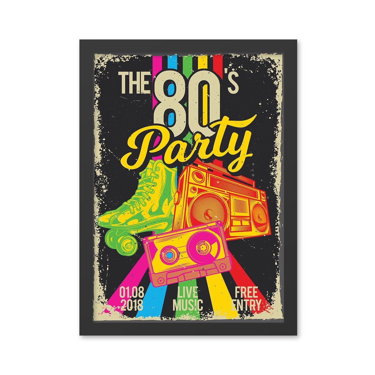 Quadro Decorativo em MDF com Moldura - The 80’s Party 40 x 55 cm - Multicolor, Impressão UV