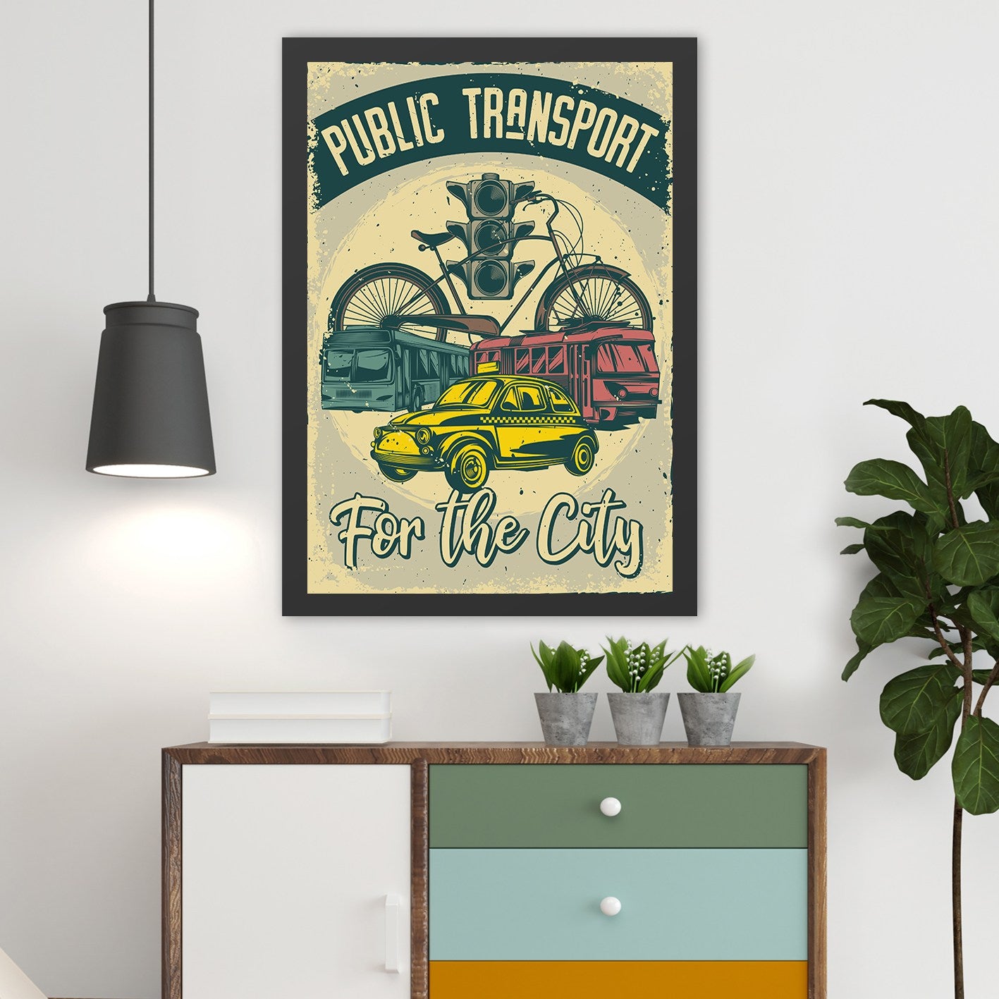 Quadro Decorativo em MDF com Moldura 55 x 75 cm – Multicolor, Tema “Transporte Público”, Impressão UV