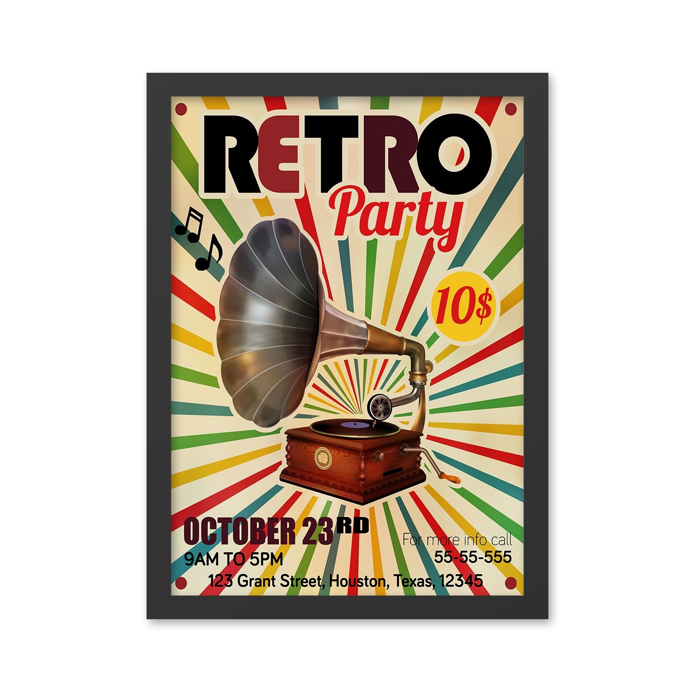 Retro Party — Quadro Decorativo em MDF com Moldura, Multicolor, Impressão Digital UV, 55 x 75 cm
