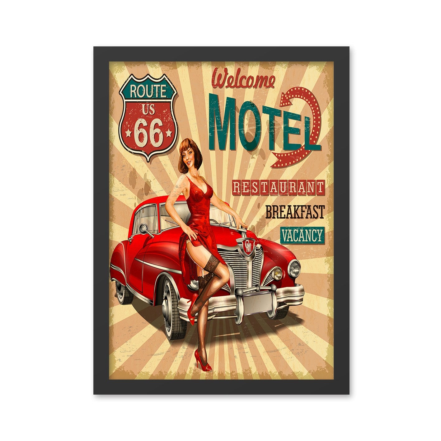 Quadro Decorativo “Welcome Motel” 35x45 cm – Multicolor, MDF com Moldura em Poliestireno