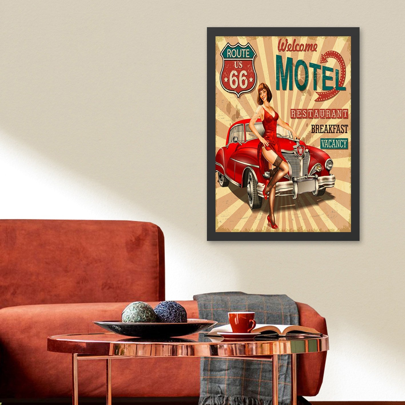 Quadro Decorativo “Welcome Motel” 55x75 cm – Multicolor, MDF com Moldura em Poliestireno, Impressão UV