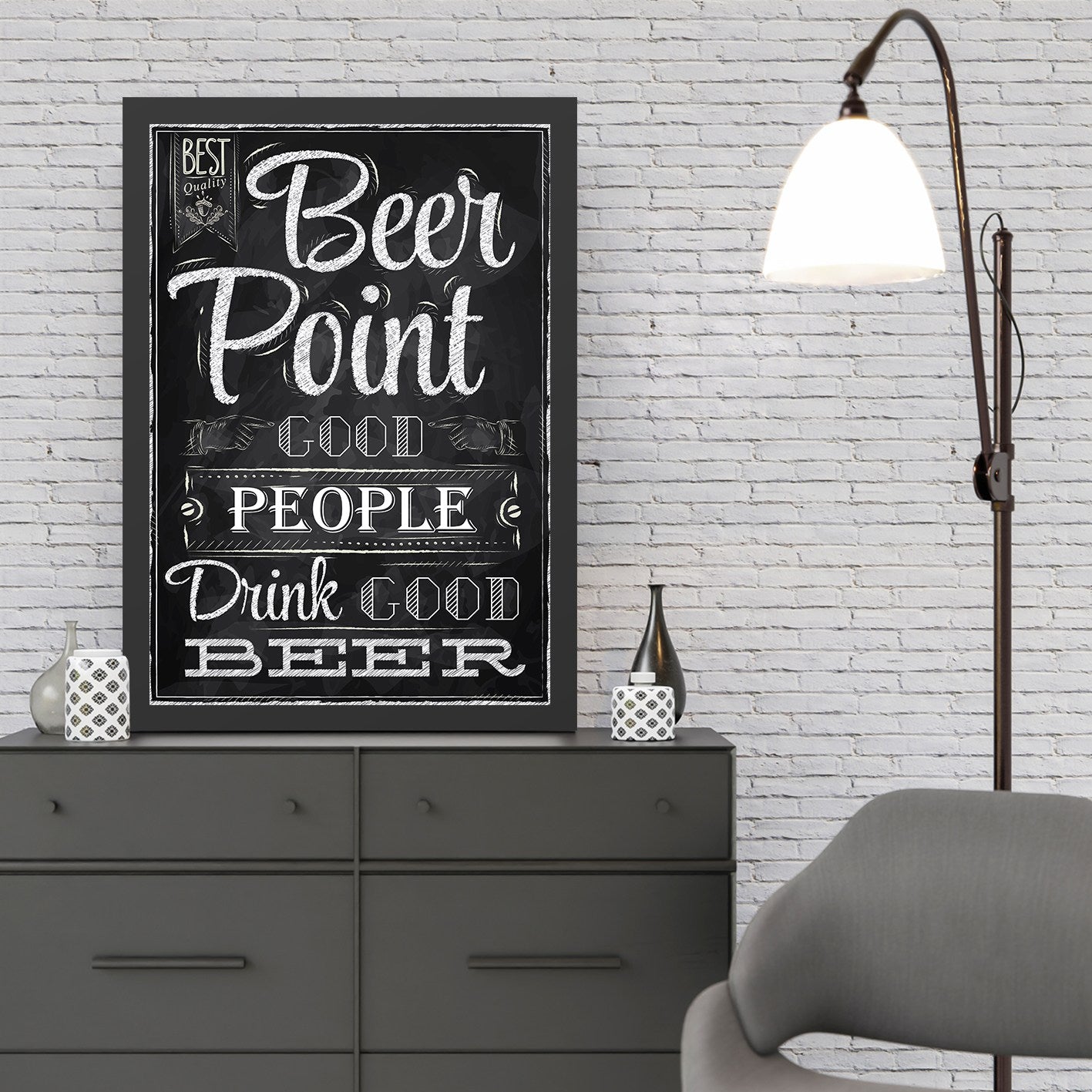 Quadro Decorativo Beer Point 55x75 cm – MDF 100% com Moldura em Poliestireno 2 cm, Impressão UV, Preto/Branco, pronto a pendurar