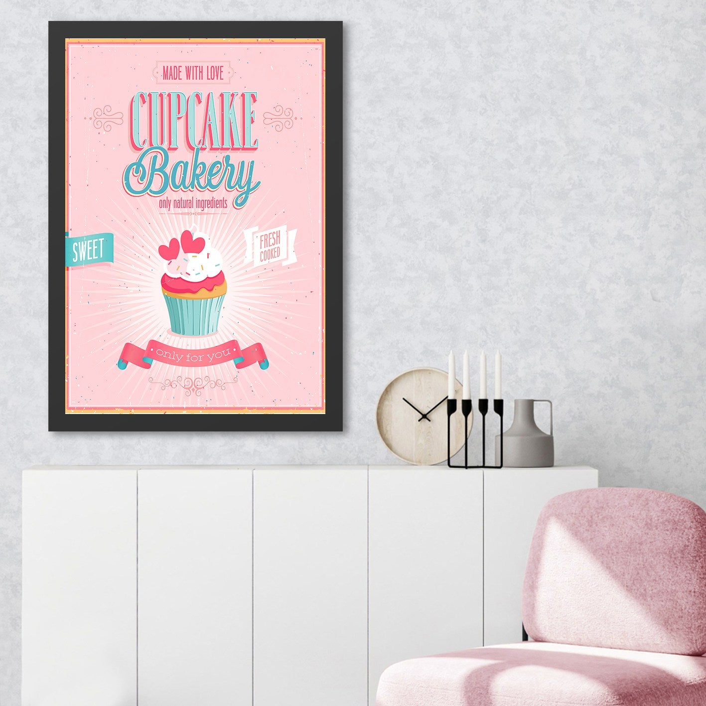 Quadro Decorativo Cupcake Bakery 55x75 cm em MDF com Moldura em Poliestireno — Multicor, Impressão UV