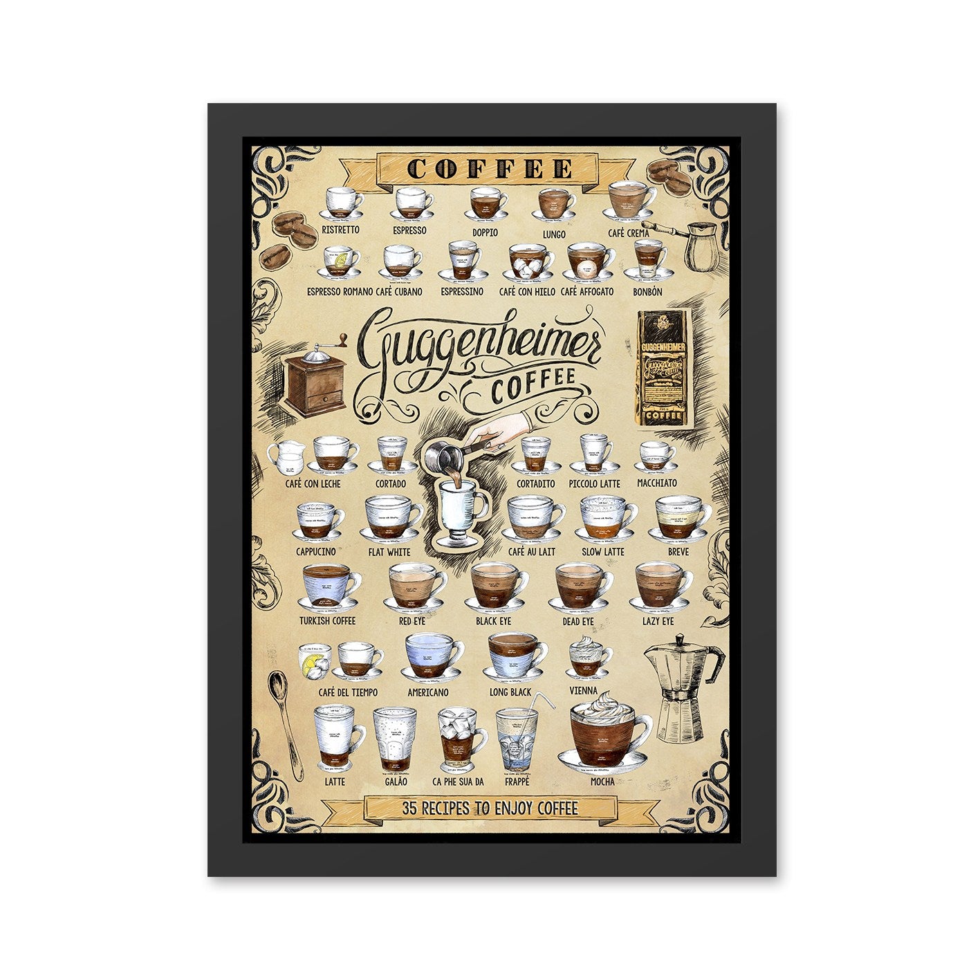 Quadro Decorativo Moldurado Guggenheimes Coffee 35x45 cm Multicolor, MDF com Impressão UV, Pronto a Pendurar