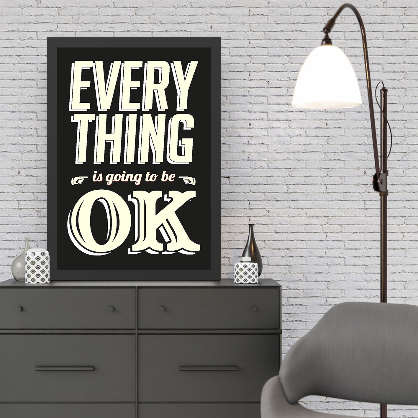 Quadro Decorativo em MDF “Everything OK” 55x75 cm – Preto/Branco, Moldura em Poliestireno, Impressão UV