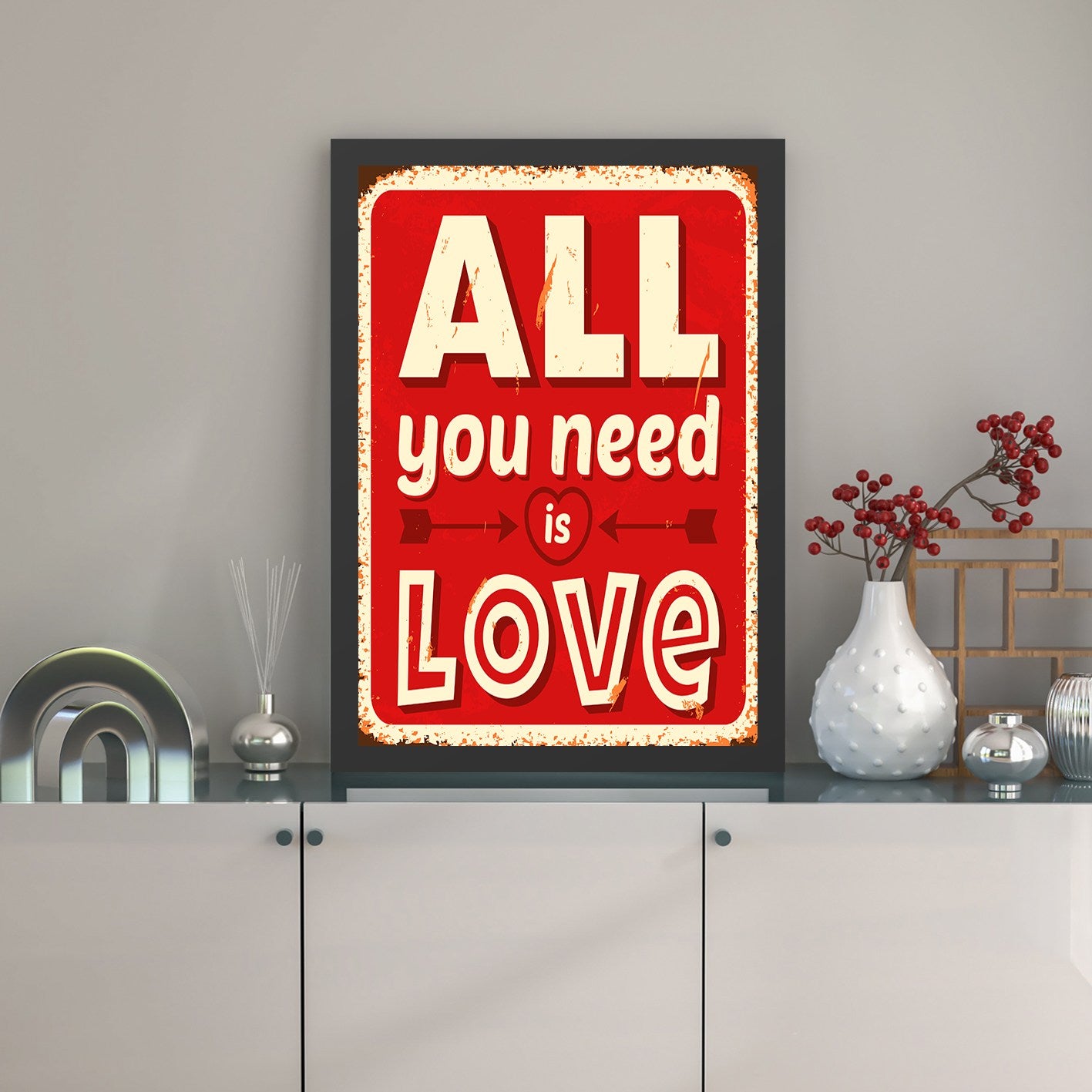 Quadro Decorativo em MDF com Moldura “Love” 55 x 75 cm – Vermelho/Creme