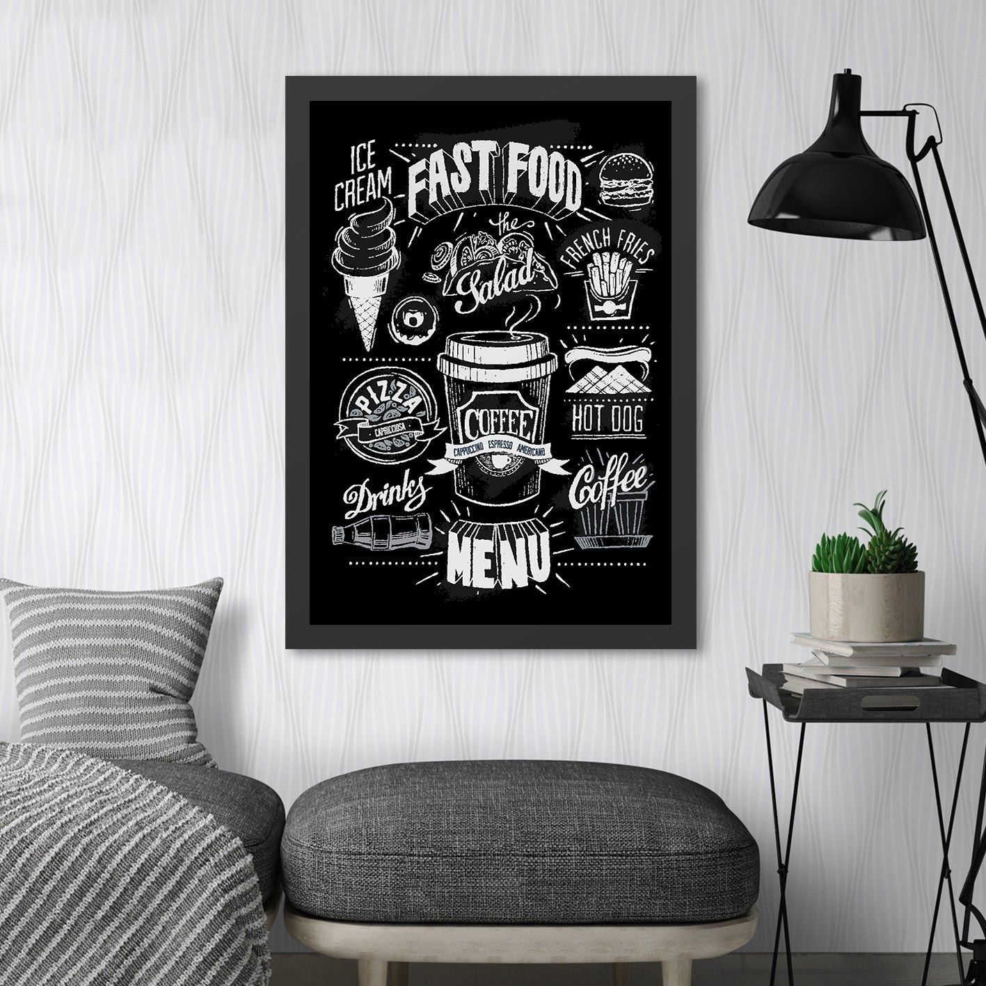 Quadro Decorativo Fast Food 35x45 cm em MDF com Moldura Poliestireno 2 cm – Preto/Branco, Impressão UV, Pronto a Pendurar