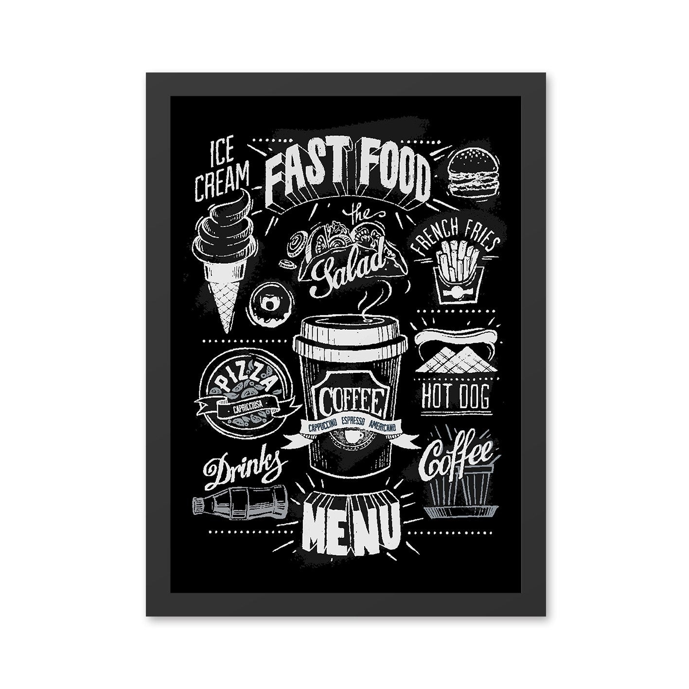Quadro Decorativo Fast Food 35x45 cm em MDF com Moldura Poliestireno 2 cm – Preto/Branco, Impressão UV, Pronto a Pendurar