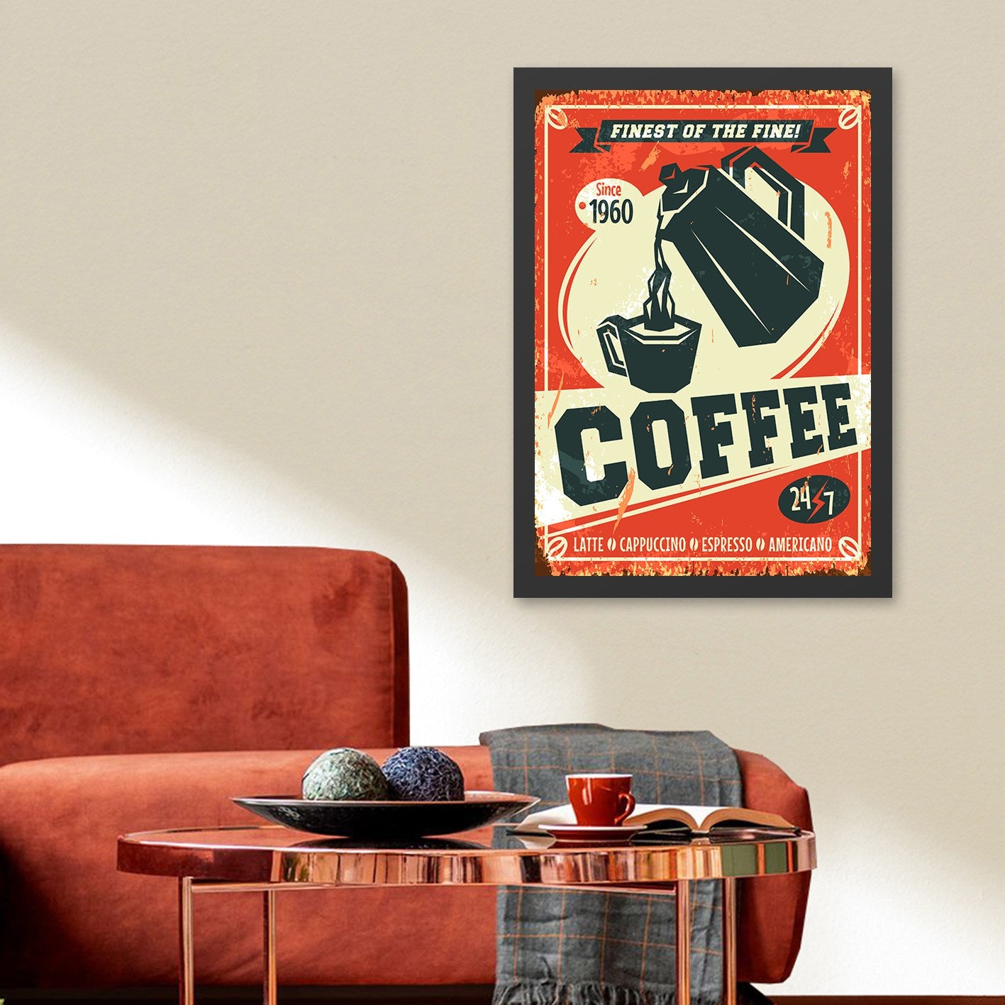 Quadro Decorativo "Coffee 1960" 40 x 55 cm – MDF, Moldura em Poliestireno 2 cm, Impressão UV, Multicolor, Pronto a Pendurar
