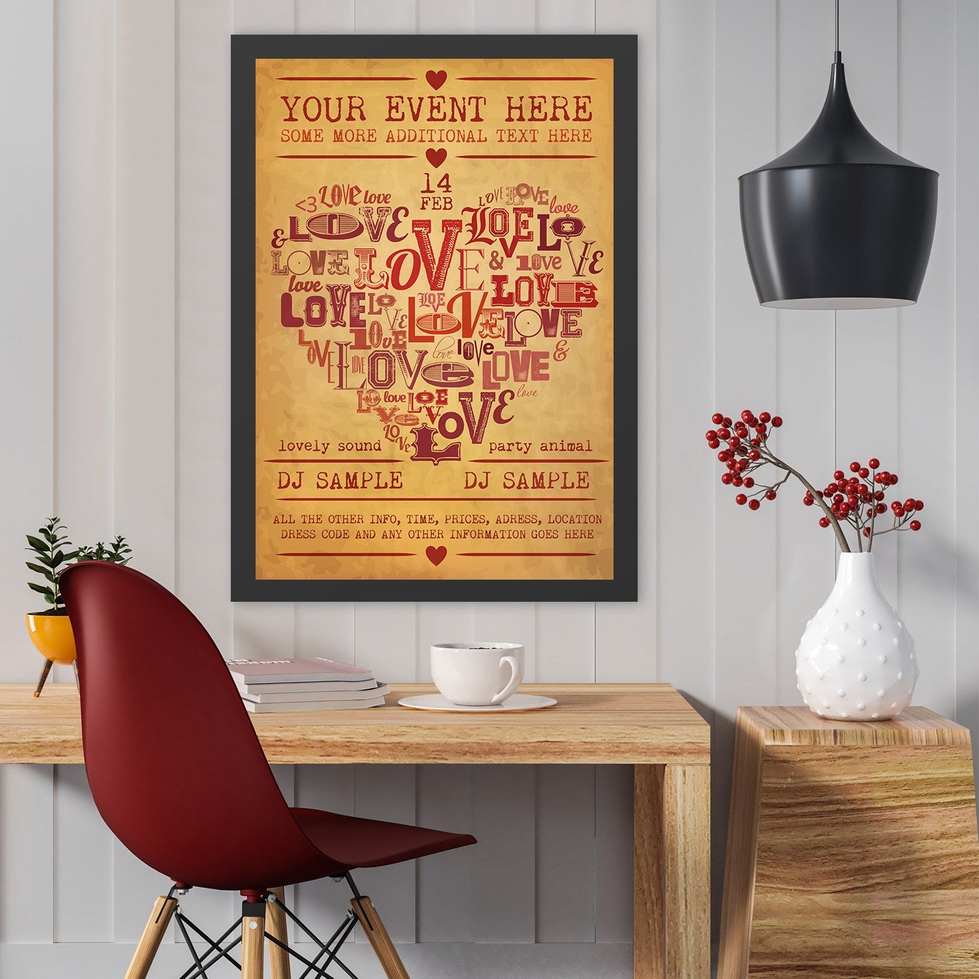 Quadro Decorativo “Love 14 Feb” 55 x 75 cm — MDF com Moldura em Poliestireno, Impressão UV, Multicolor, Pronto a Pendurar