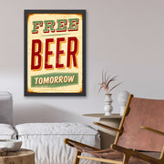 Quadro Decorativo "Free Beer" 40x55 cm – MDF, Moldura Poliestireno 2 cm, Impressão UV – Verde/Vermelho/Creme