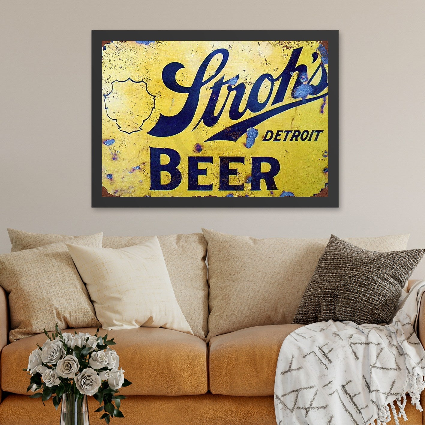 Quadro Decorativo Moldurado "Detroit Beer" 40x55 cm – MDF, Impressão UV, Amarelo/Azul-escuro