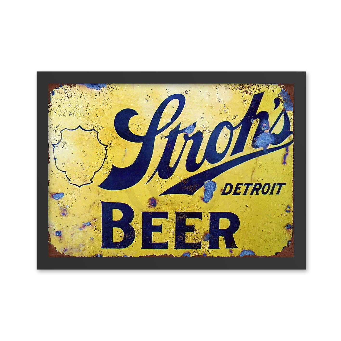 Quadro Decorativo Detroit Beer 55x75 cm em MDF – Amarelo/Azul Escuro, Impressão UV, Moldura em Poliestireno 2 cm