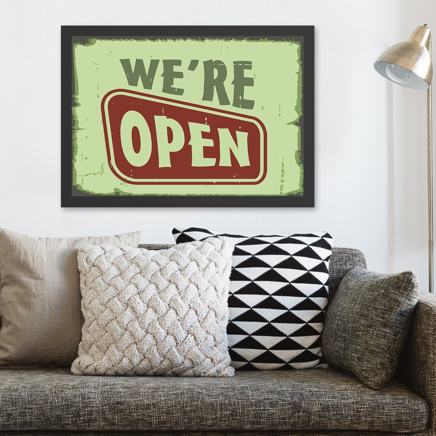 Quadro Decorativo “We’re Open” 55x75 cm – Verde/Vermelho, MDF com Moldura em Poliestireno, Impressão UV