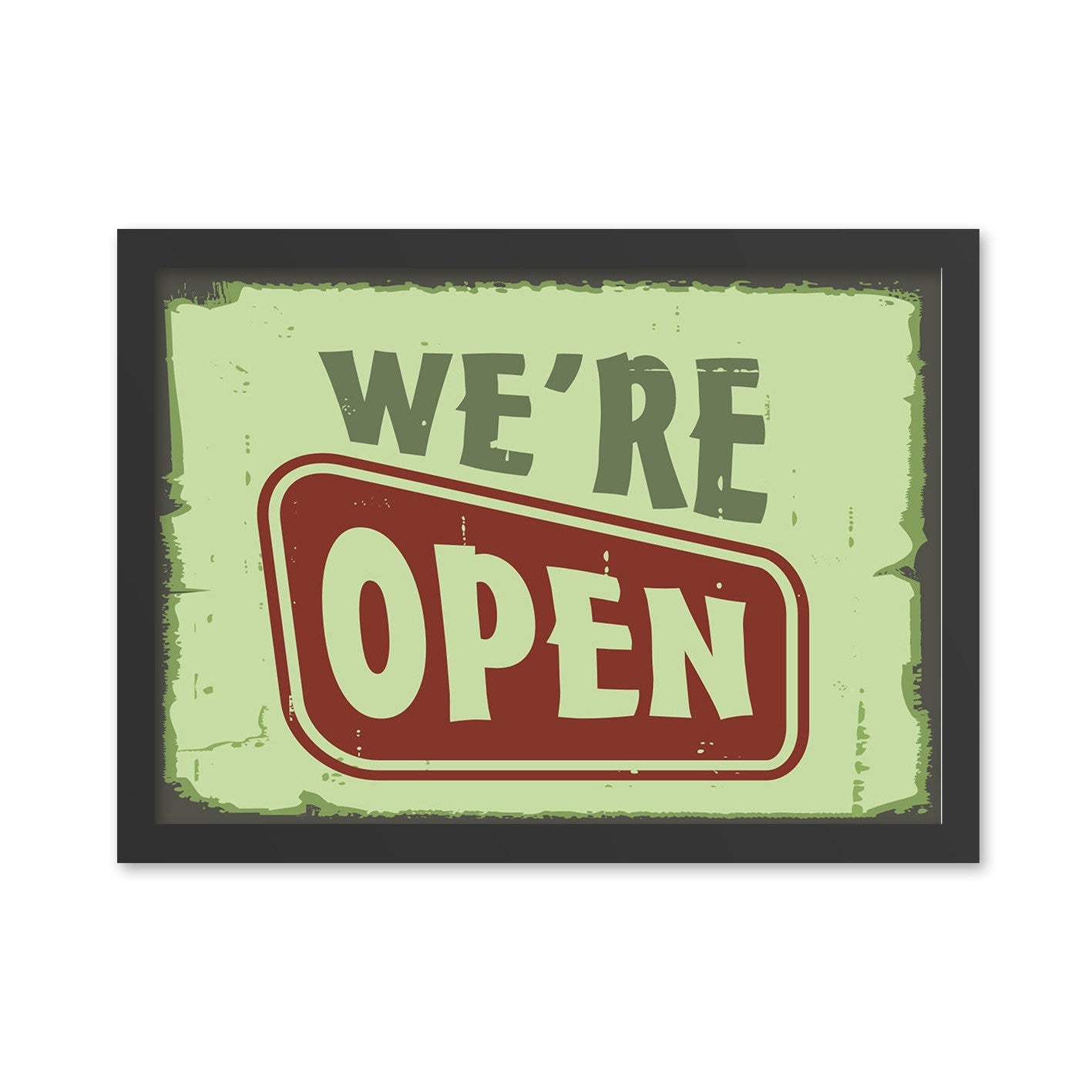 Quadro Decorativo “We’re Open” 55x75 cm – Verde/Vermelho, MDF com Moldura em Poliestireno, Impressão UV