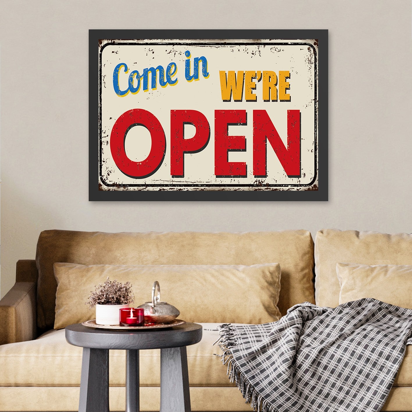 Quadro Decorativo Moldurado MDF “We’re Open 2” 40x55 cm Multicolor – Impressão UV, Pronto a Pendurar