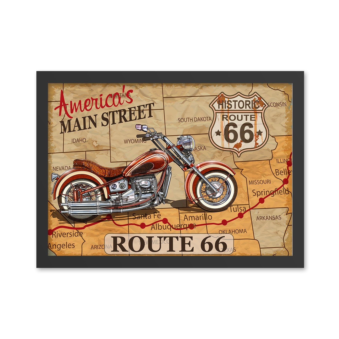 Quadro Decorativo Route 66 35 x 45 cm – MDF, Multicolor, Moldura em Poliestireno 2 cm, Impressão UV