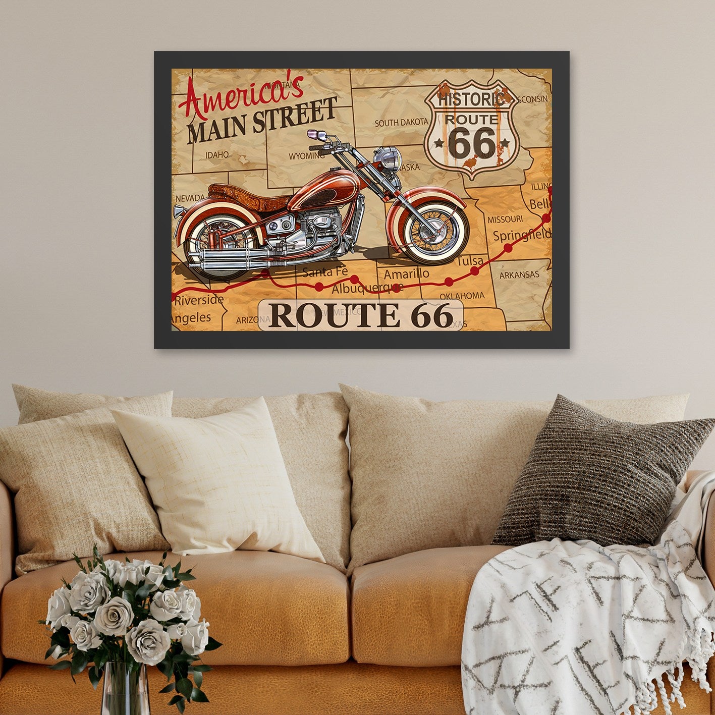 Quadro Decorativo Route 66 55x75 cm – Multicolor, Impressão UV em MDF com Moldura em Poliestireno