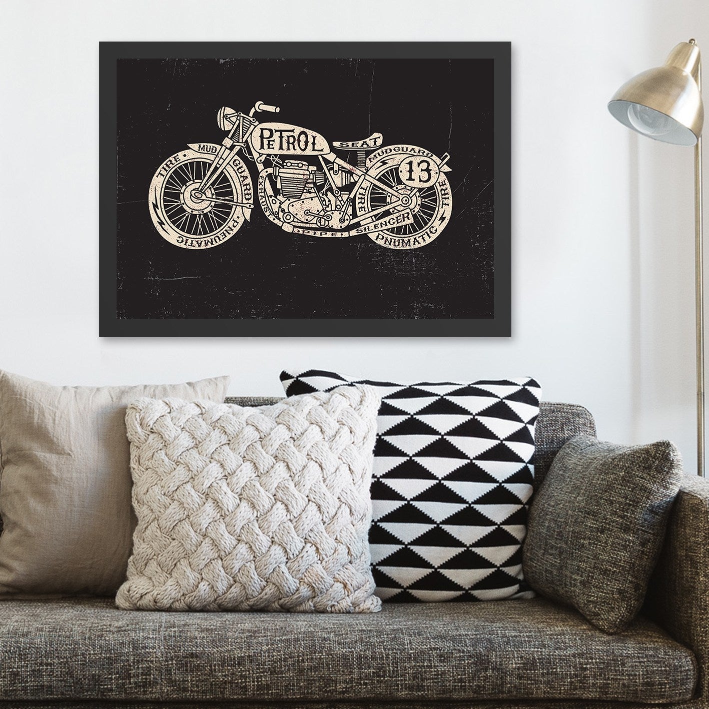 Quadro Decorativo Motocicleta 35x45 cm — MDF, Moldura em Poliestireno, Impressão UV, Preto/Creme
