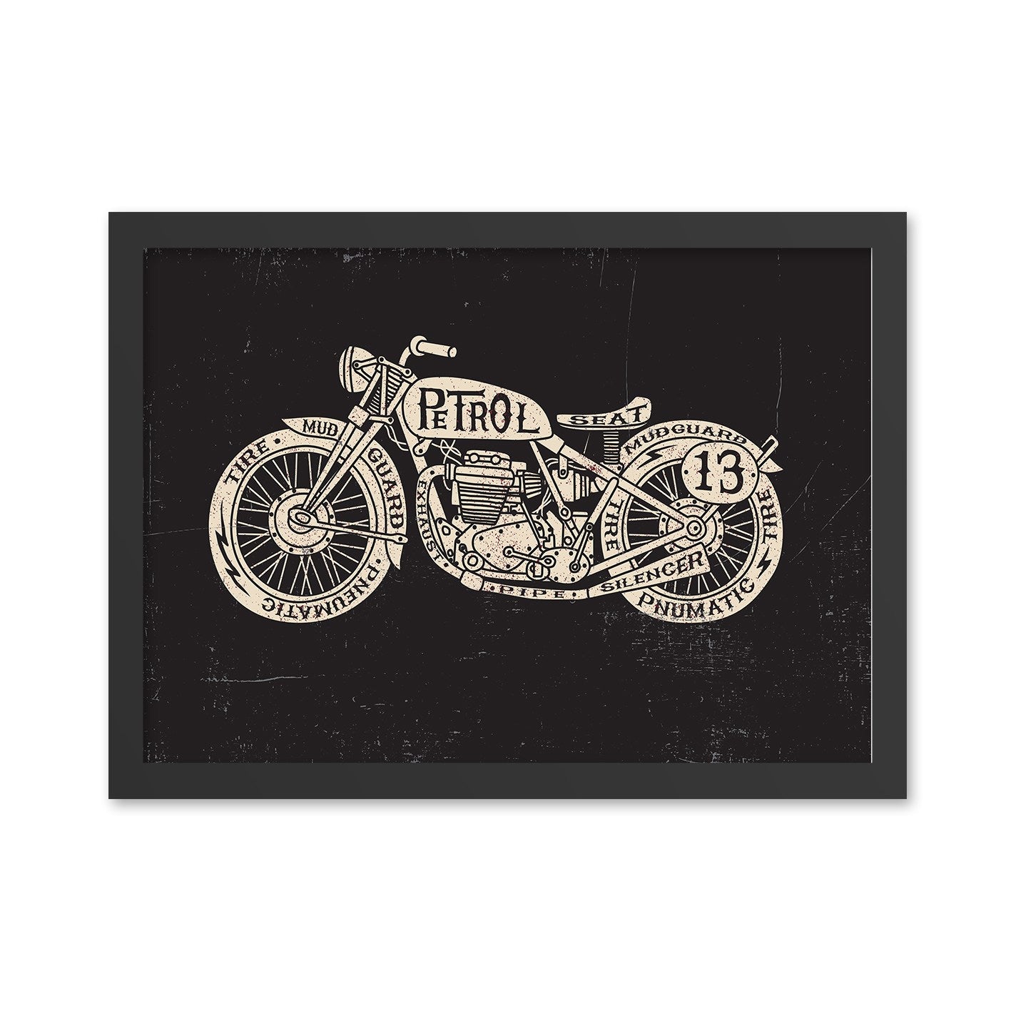 Quadro Decorativo Motocicleta 35x45 cm — MDF, Moldura em Poliestireno, Impressão UV, Preto/Creme