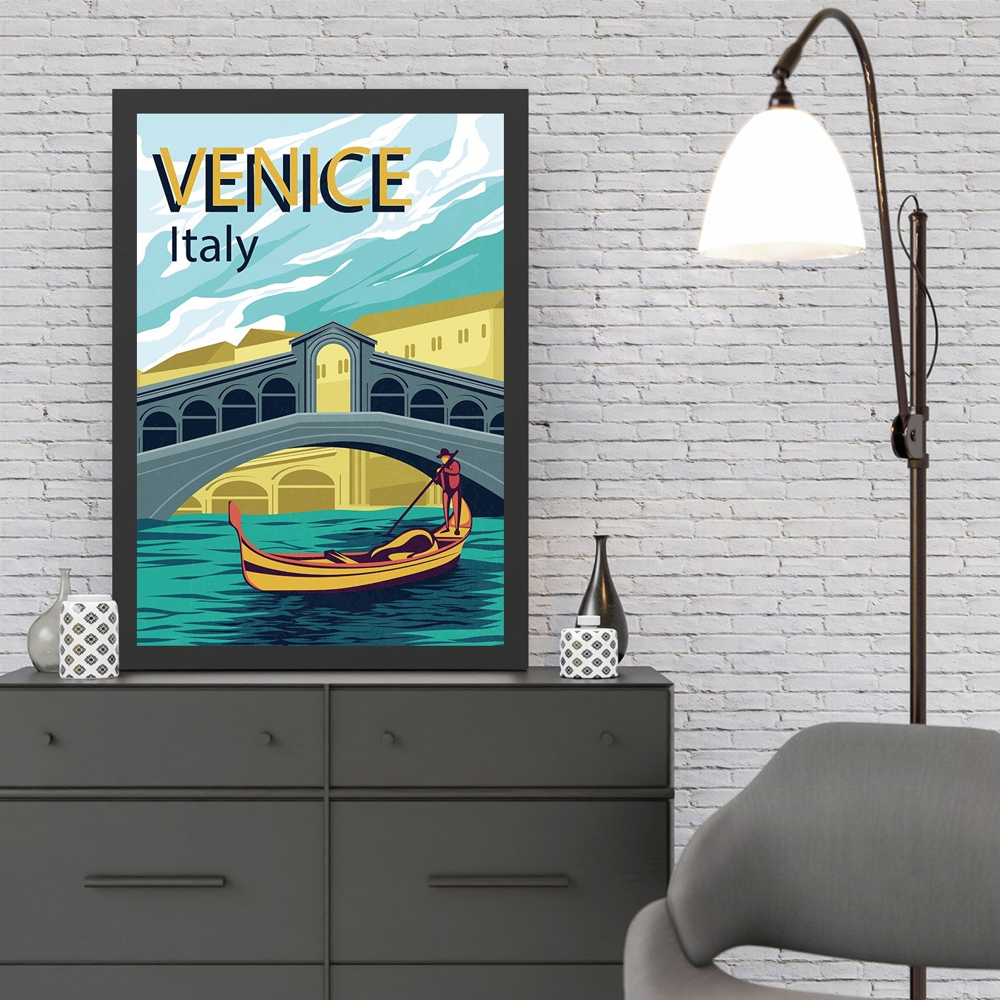 Quadro Decorativo Veneza 2 55x75 cm – Multicolor, Impressão UV, MDF com Moldura em Poliestireno (2 cm)