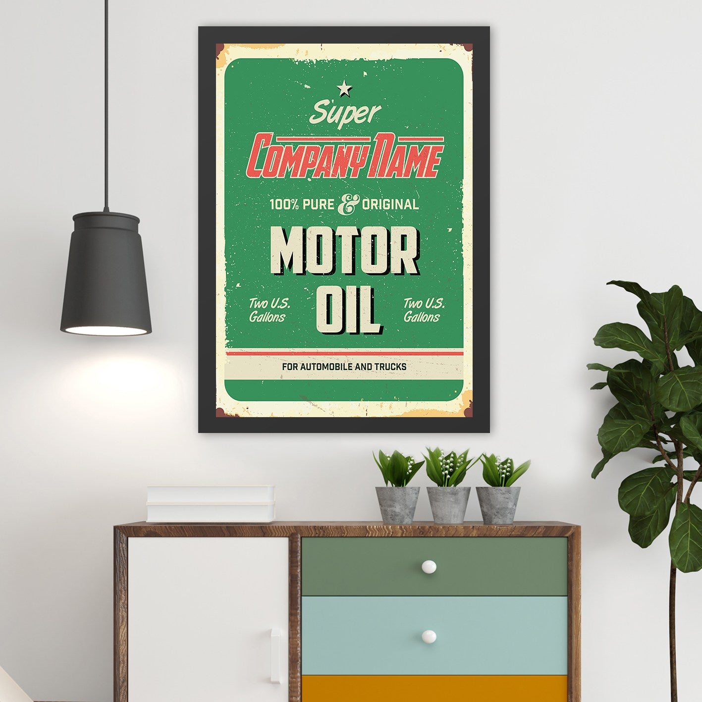 Quadro Decorativo Motor Oil 35x45 cm – MDF com moldura em poliestireno 2 cm, impressão UV, multicolor
