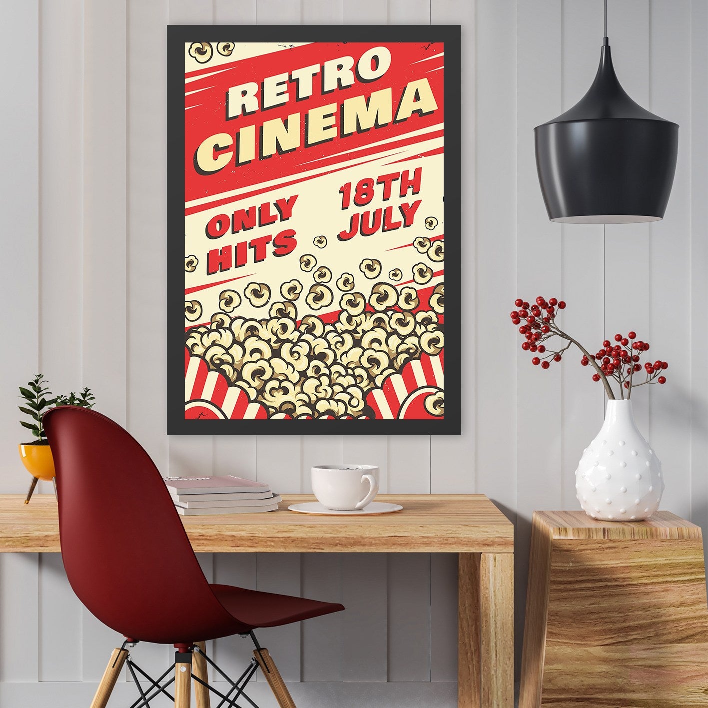 Quadro Decorativo Retro Cinema 35x45 cm – MDF com Moldura em Poliestireno 2 cm, Impressão UV – Creme/Vermelho
