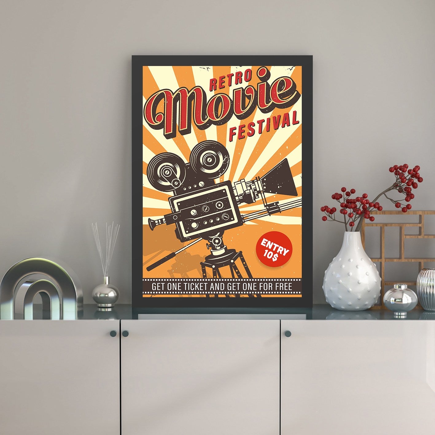 Quadro Decorativo Retro Movie Festival 40x55 cm — MDF Multicolor, Impressão UV, Moldura em Poliestireno 2 cm