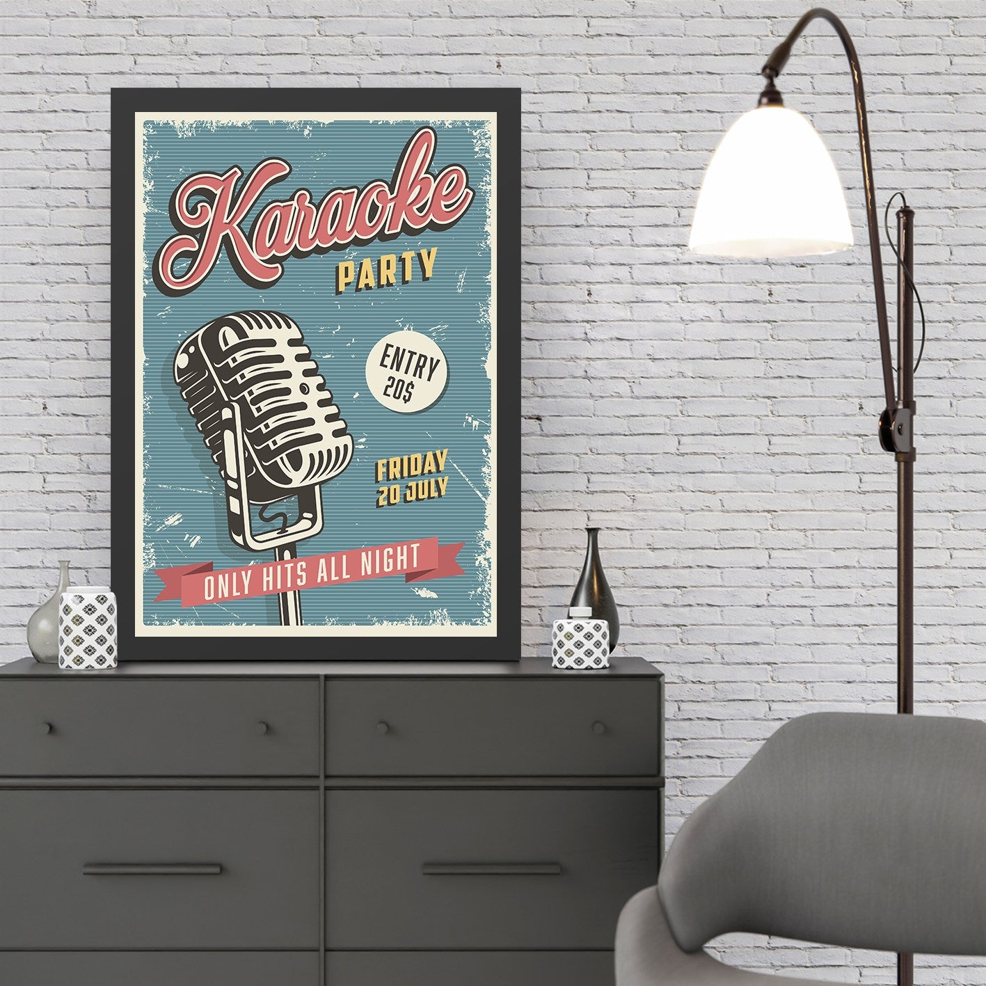 Quadro Decorativo Karaoke Party 55x75 cm em MDF com Moldura em Poliestireno e Impressão UV