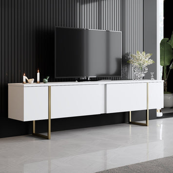 Elegante suporte de TV com pés de metal, branco e dourado, 180 x 30 x 50 cm | Painel de partículas 100% revestido de melamina, 18 mm de espessura | Design elegante e funcional para salas de estar modernas