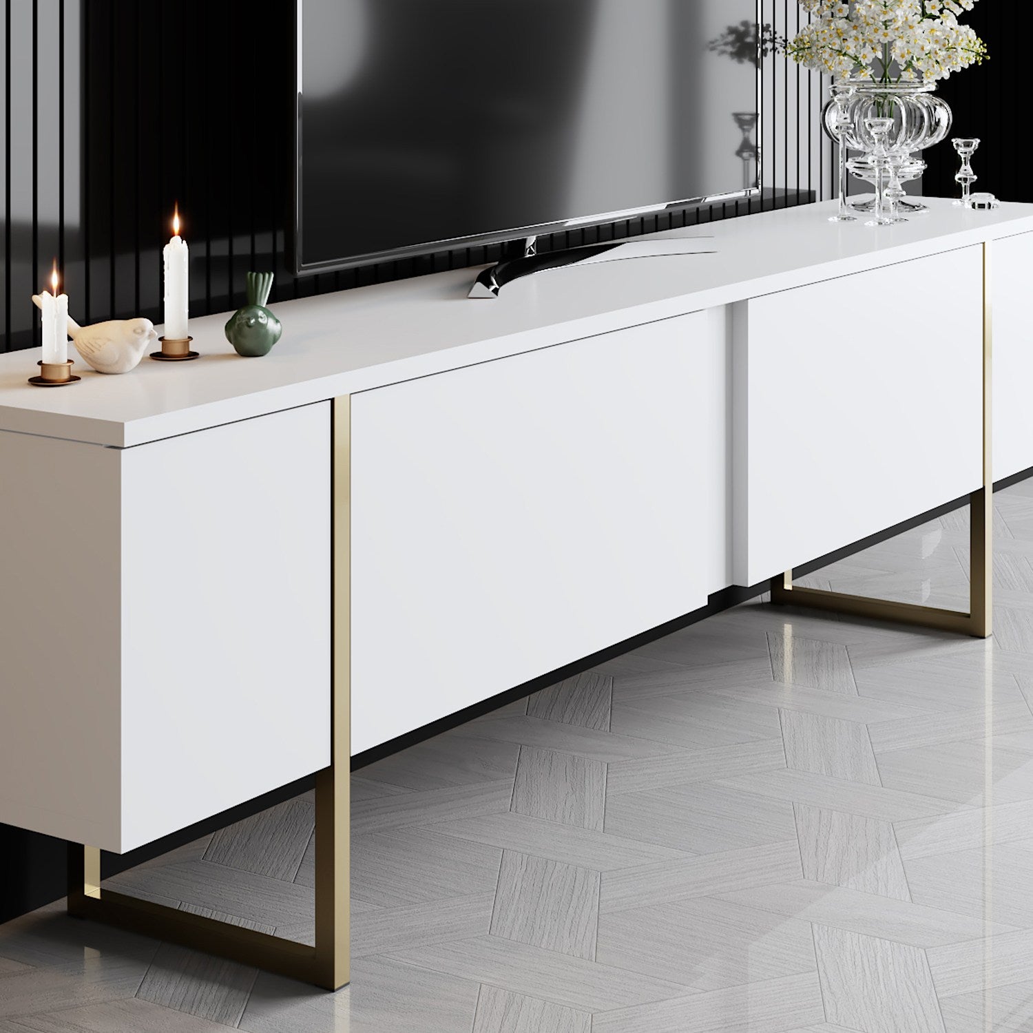 Elegante suporte de TV com pés de metal, branco e dourado, 180 x 30 x 50 cm | Painel de partículas 100% revestido de melamina, 18 mm de espessura | Design elegante e funcional para salas de estar modernas