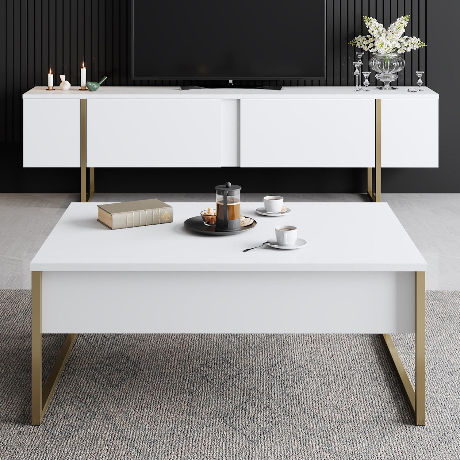 Elegante suporte de TV com pés de metal, branco e dourado, 180 x 30 x 50 cm | Painel de partículas 100% revestido de melamina, 18 mm de espessura | Design elegante e funcional para salas de estar modernas