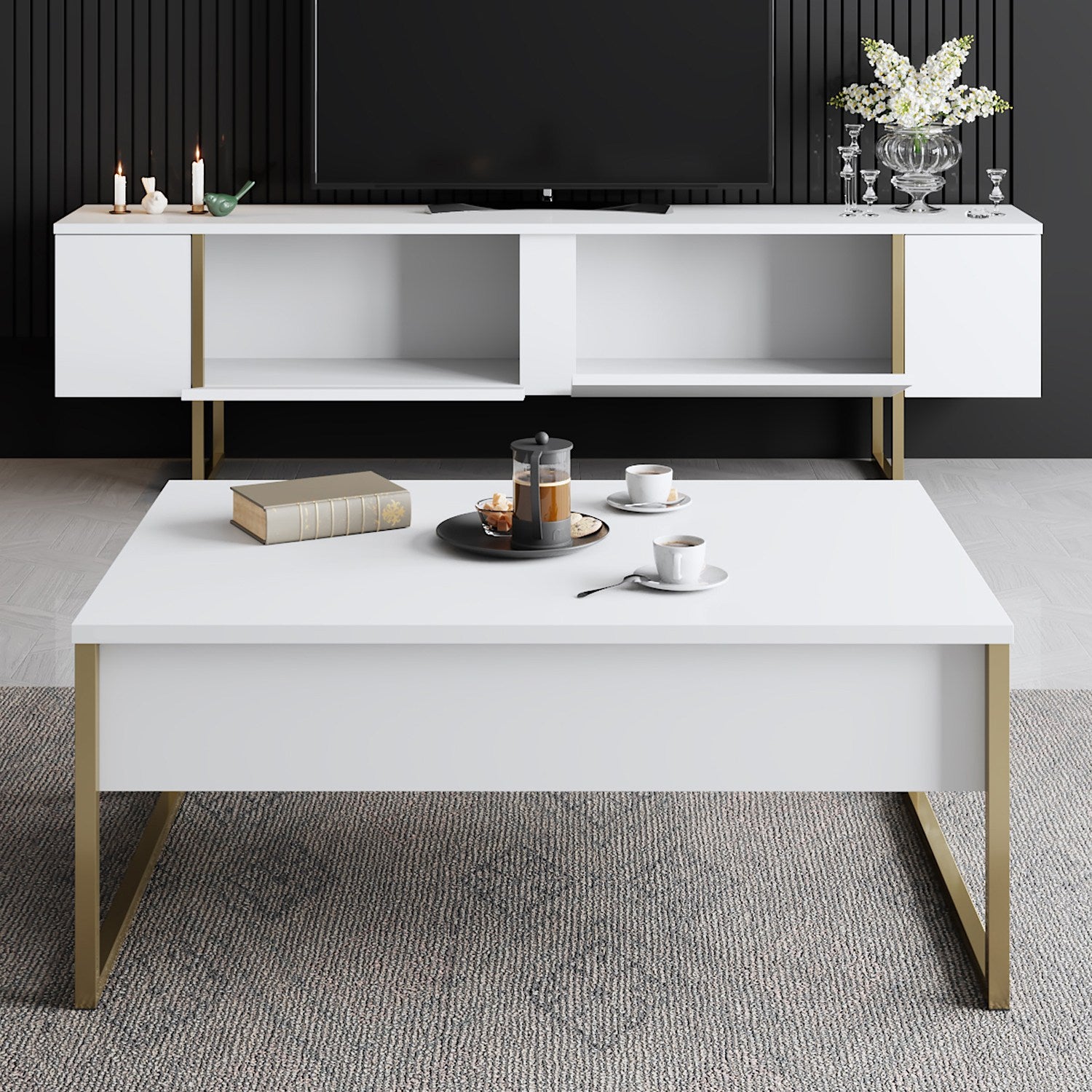 Elegante suporte de TV com pés de metal, branco e dourado, 180 x 30 x 50 cm | Painel de partículas 100% revestido de melamina, 18 mm de espessura | Design elegante e funcional para salas de estar modernas