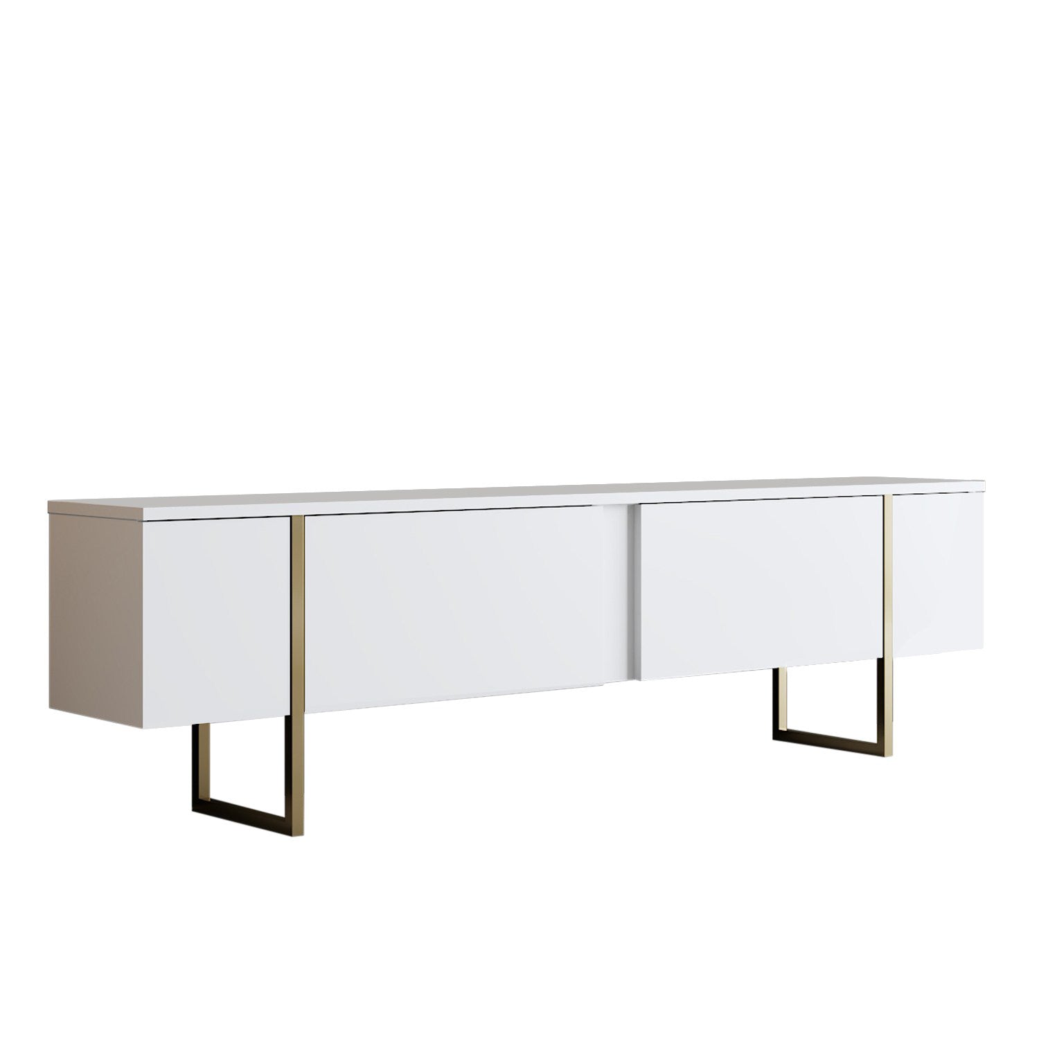 Elegante suporte de TV com pés de metal, branco e dourado, 180 x 30 x 50 cm | Painel de partículas 100% revestido de melamina, 18 mm de espessura | Design elegante e funcional para salas de estar modernas