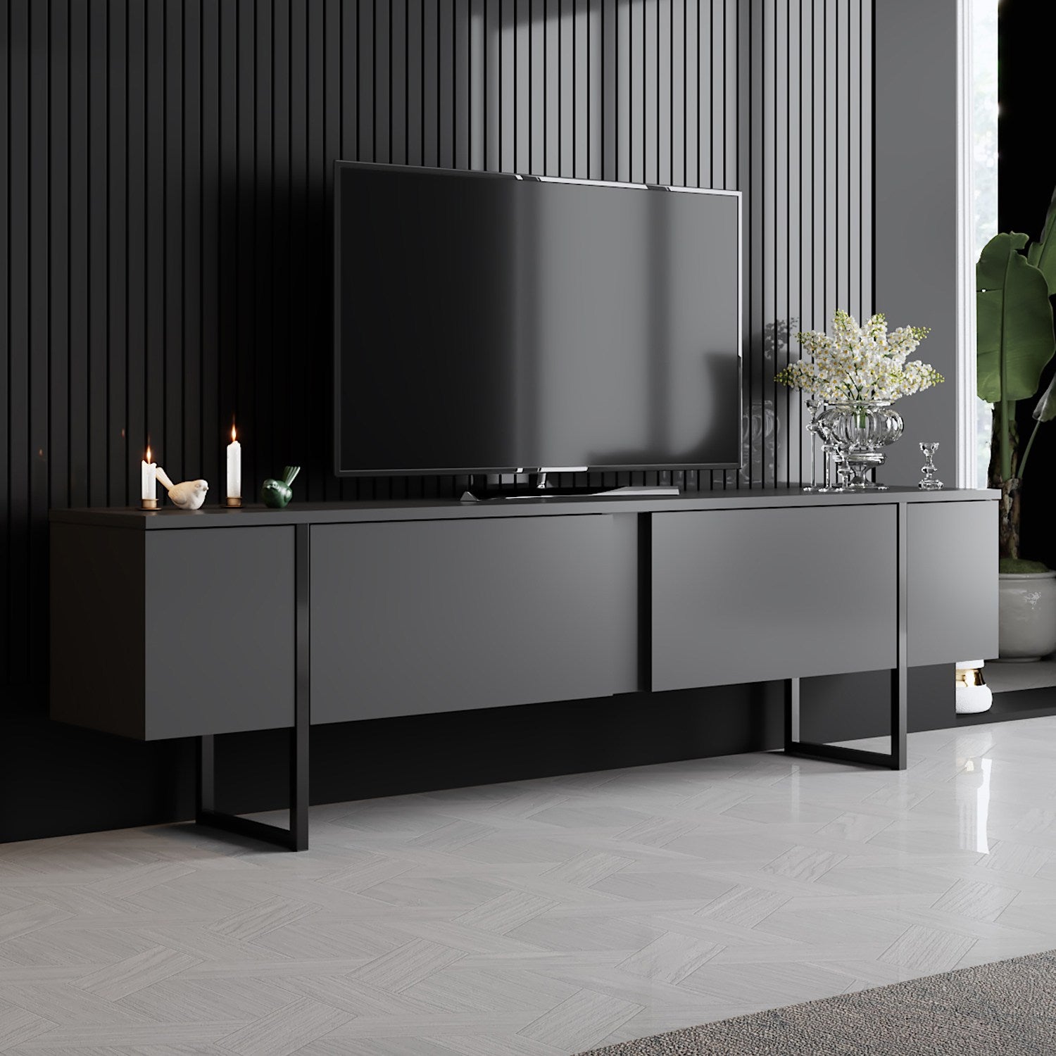 Suporte de TV elegante, antracite e preto, 180 x 30 x 50 cm | Painel de partículas 100% revestido de melamina, 18 mm de espessura, pernas de metal resistentes | Design moderno para sala de estar