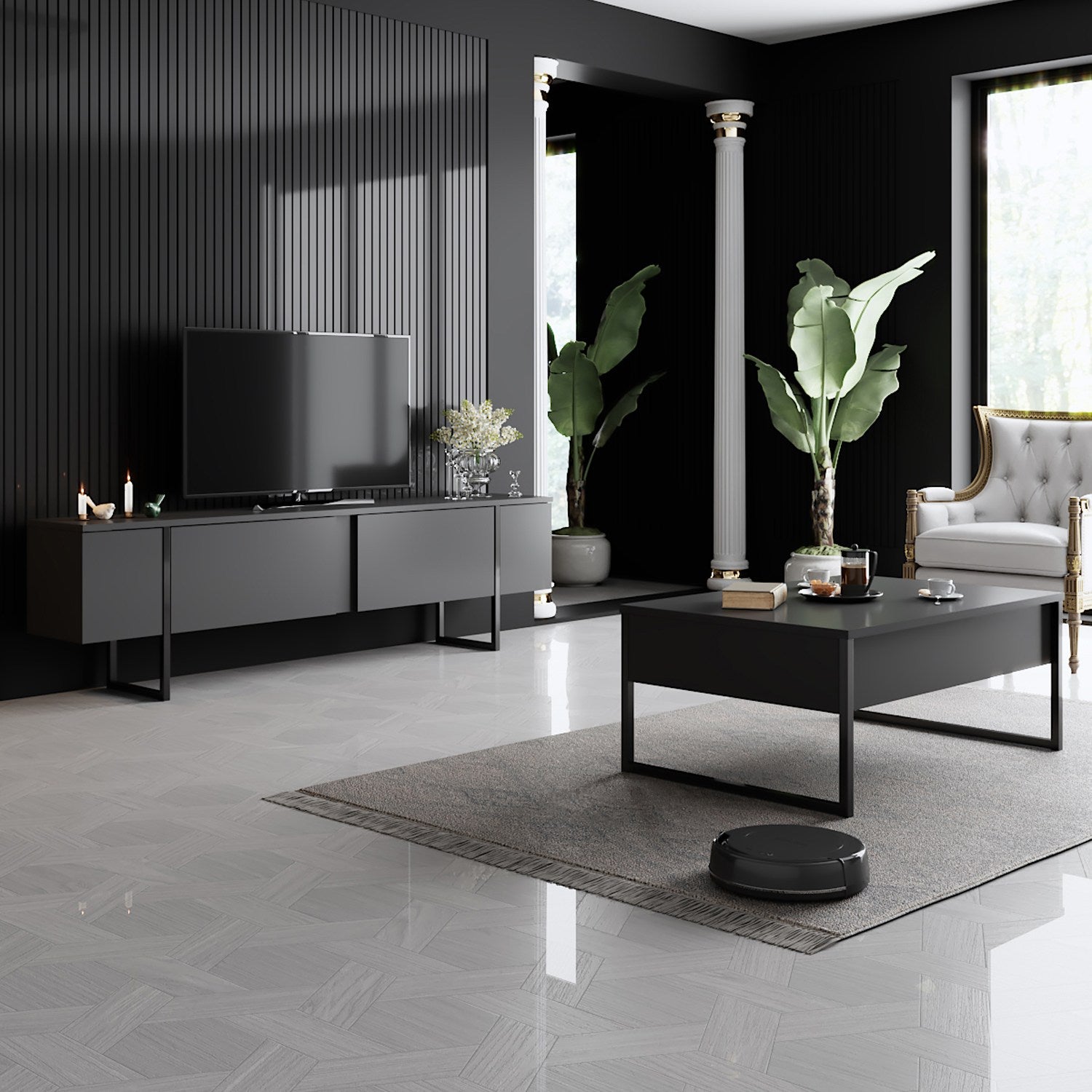 Suporte de TV elegante, antracite e preto, 180 x 30 x 50 cm | Painel de partículas 100% revestido de melamina, 18 mm de espessura, pernas de metal resistentes | Design moderno para sala de estar