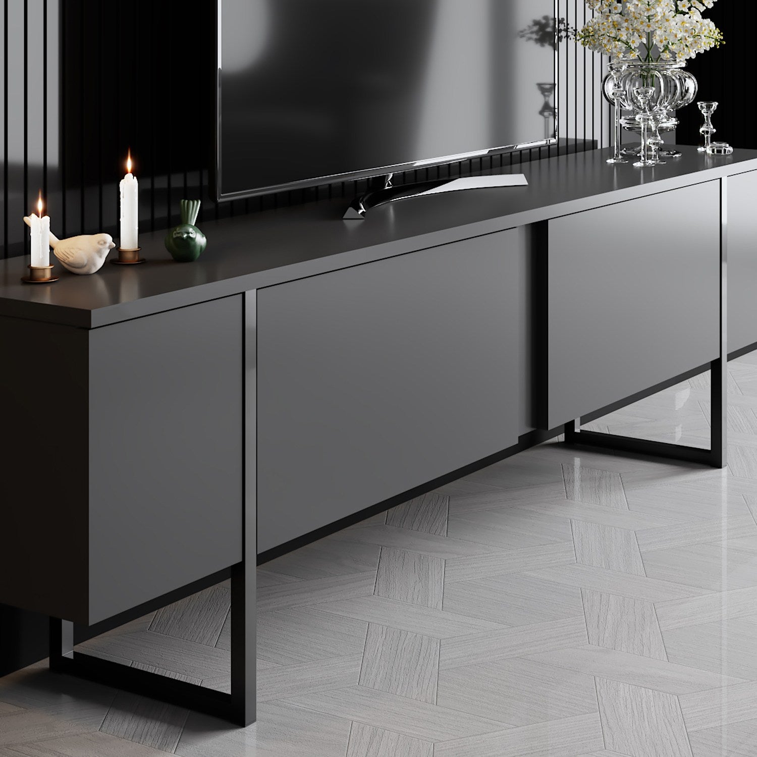 Suporte de TV elegante, antracite e preto, 180 x 30 x 50 cm | Painel de partículas 100% revestido de melamina, 18 mm de espessura, pernas de metal resistentes | Design moderno para sala de estar